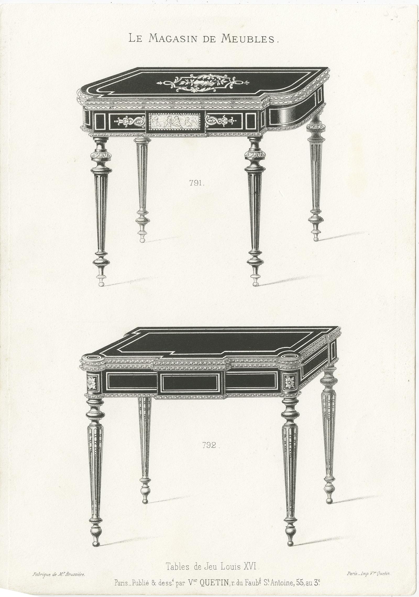 Ensemble de deux gravures de meubles anciens représentant des tables de jeu. Ces tirages proviennent de l'ouvrage 