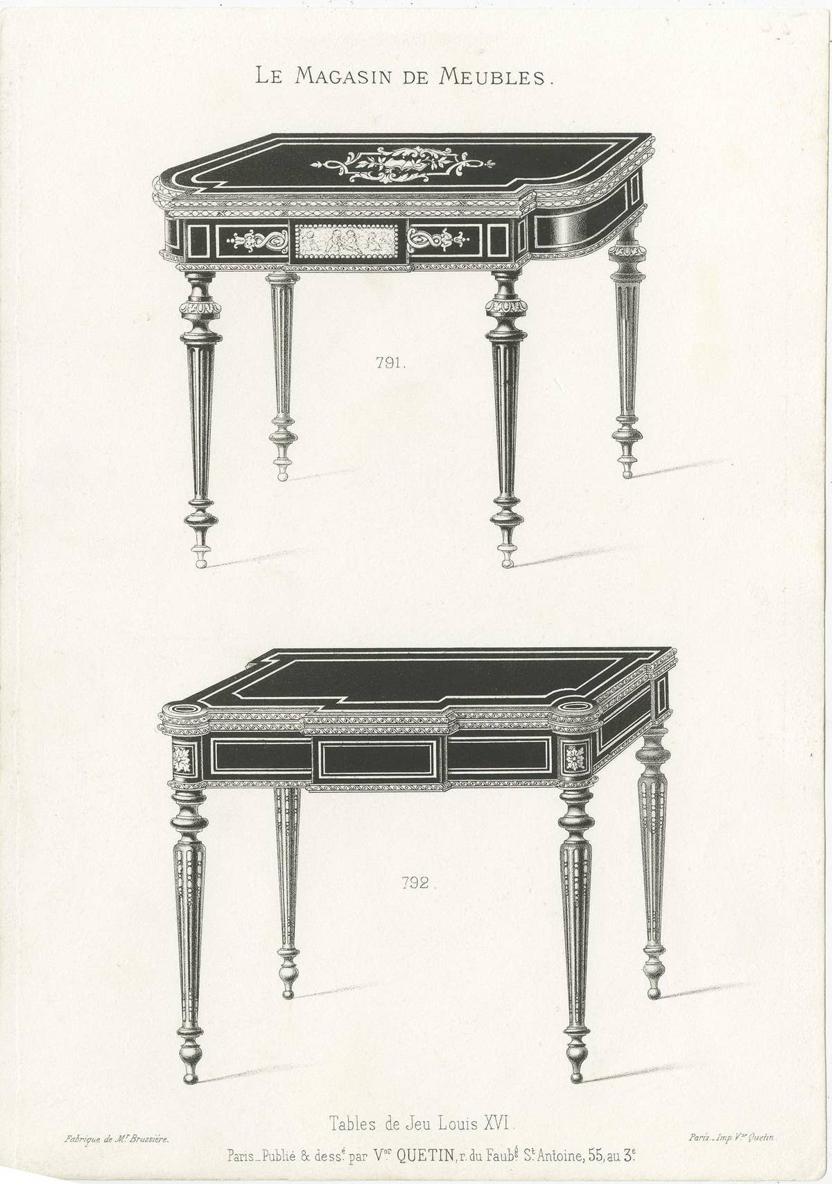 Set of 2 Antique Furniture Prints of Game Tables by Quetin, 'circa 1860'
