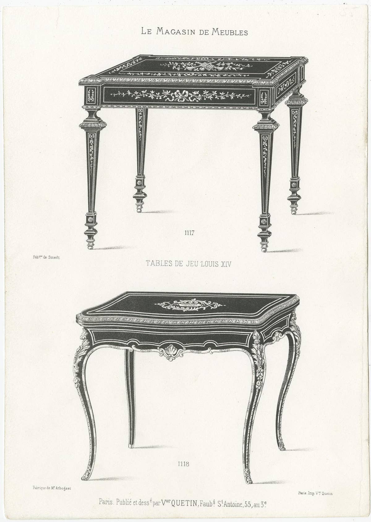 Set of 2 Antique Furniture Prints of Game Tables by Quetin, 'circa 1860'