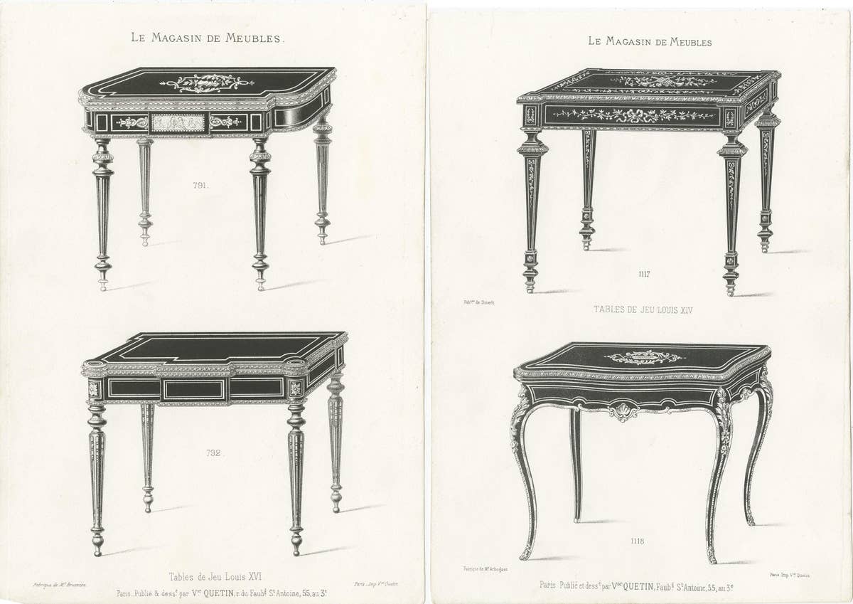 Set of 2 Antique Furniture Prints of Game Tables by Quetin, 'circa 1860'