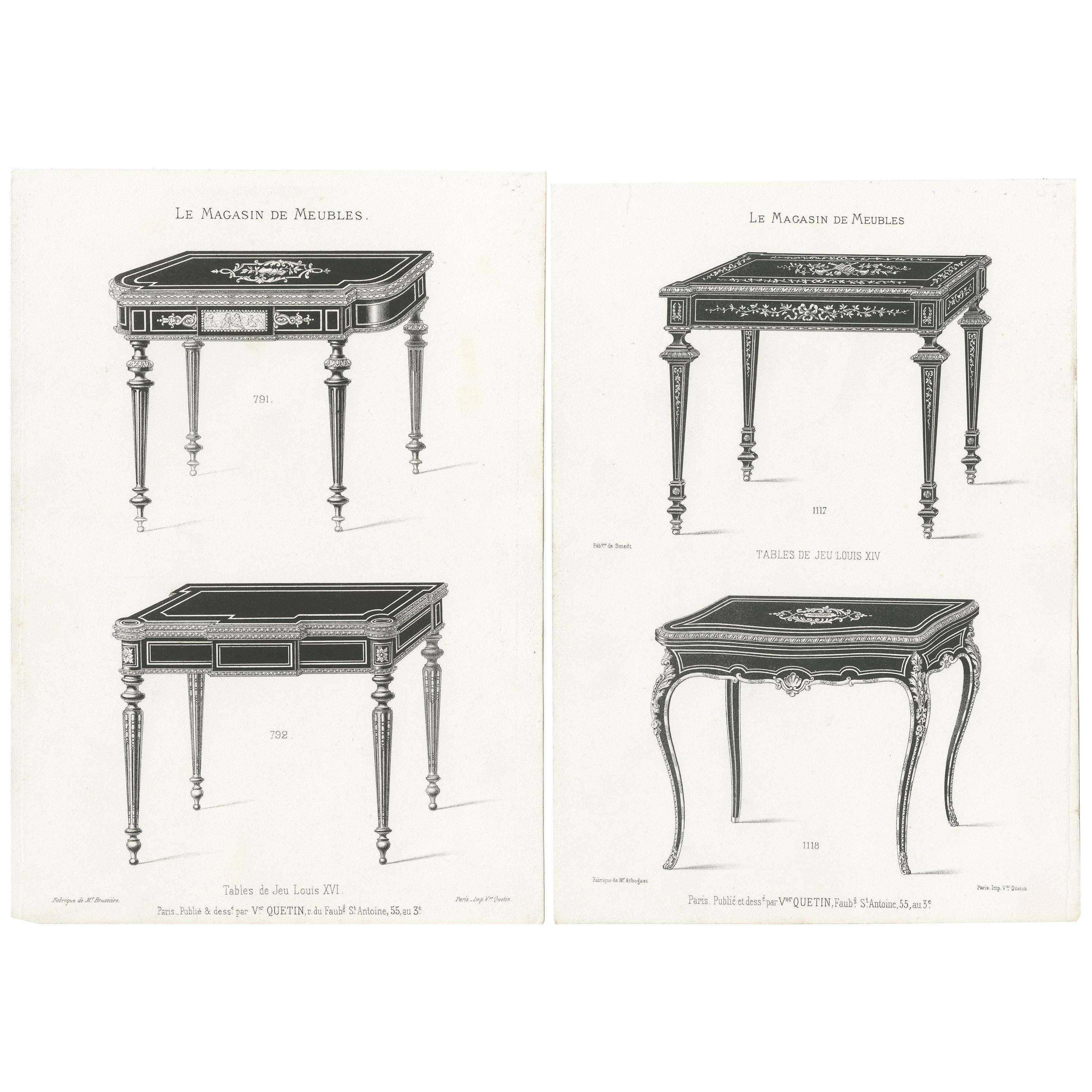 Ensemble de 2 estampes de meubles de jeu anciennes de Quetin, datant d'environ 1860 en vente