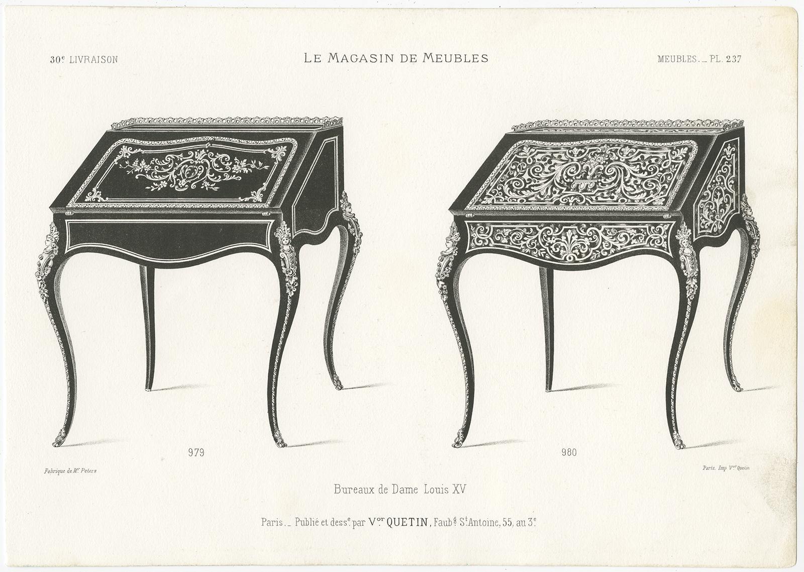 Set of two antique furniture prints depicting various ladies desks. These prints originate from 'Le Magasin de Meubles' by Victor Quetion. Published in Paris, circa 1860.