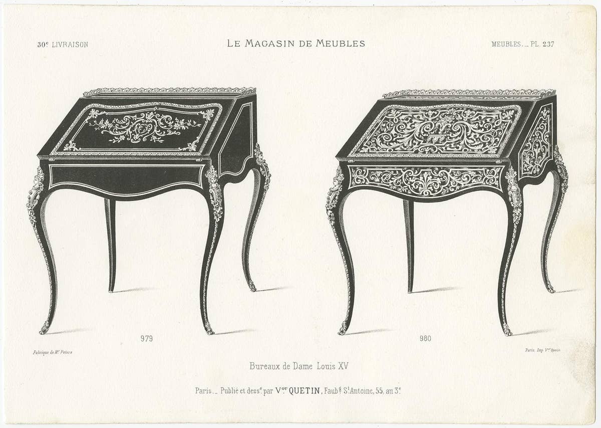 Set of 2 Antique Furniture Prints of Ladies Desks by Quetin, circa 1860