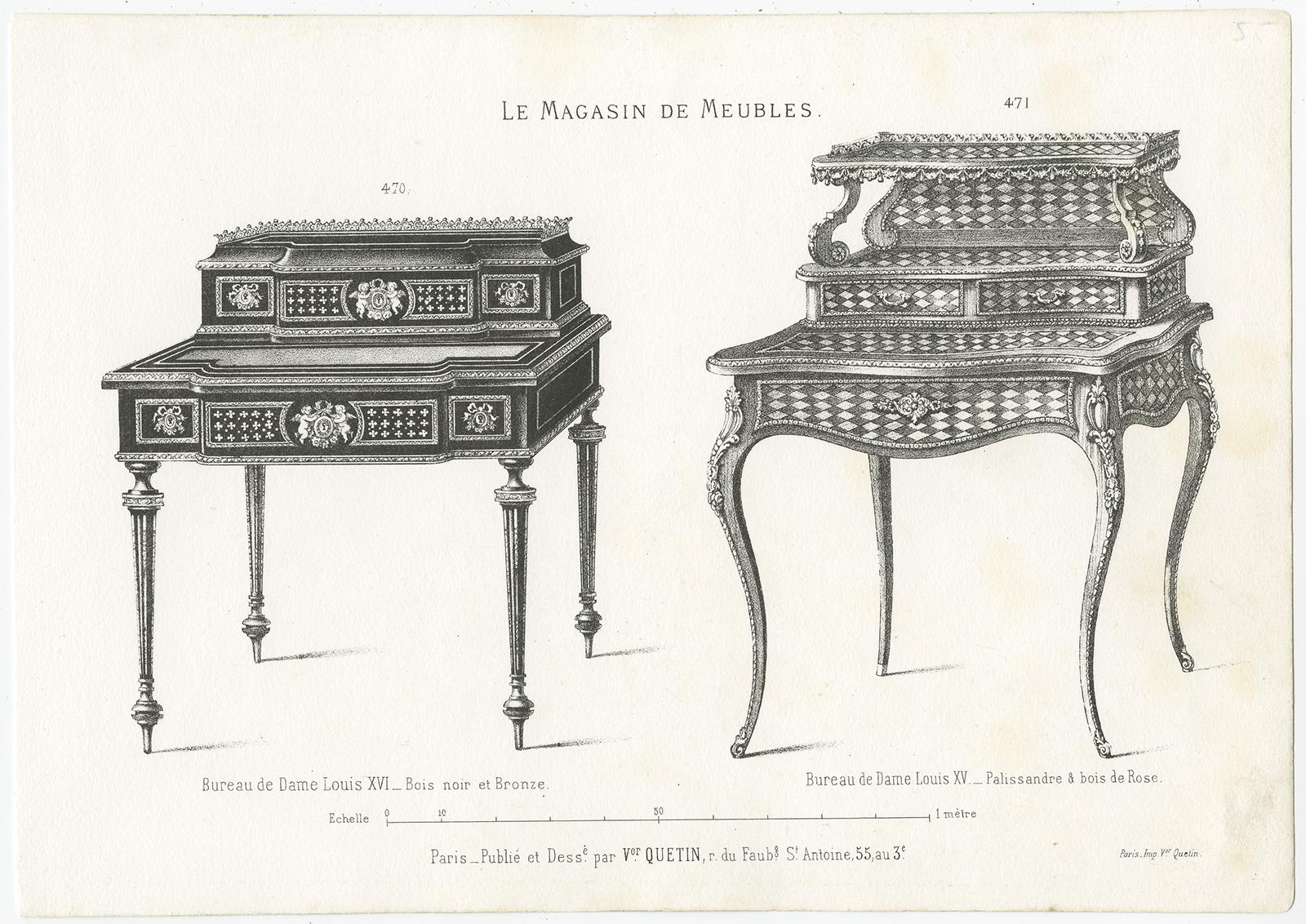 Ensemble de 2 estampes de meubles anciens de bureaux pour femmes par Quetin, vers 1860 Bon état - En vente à Langweer, NL