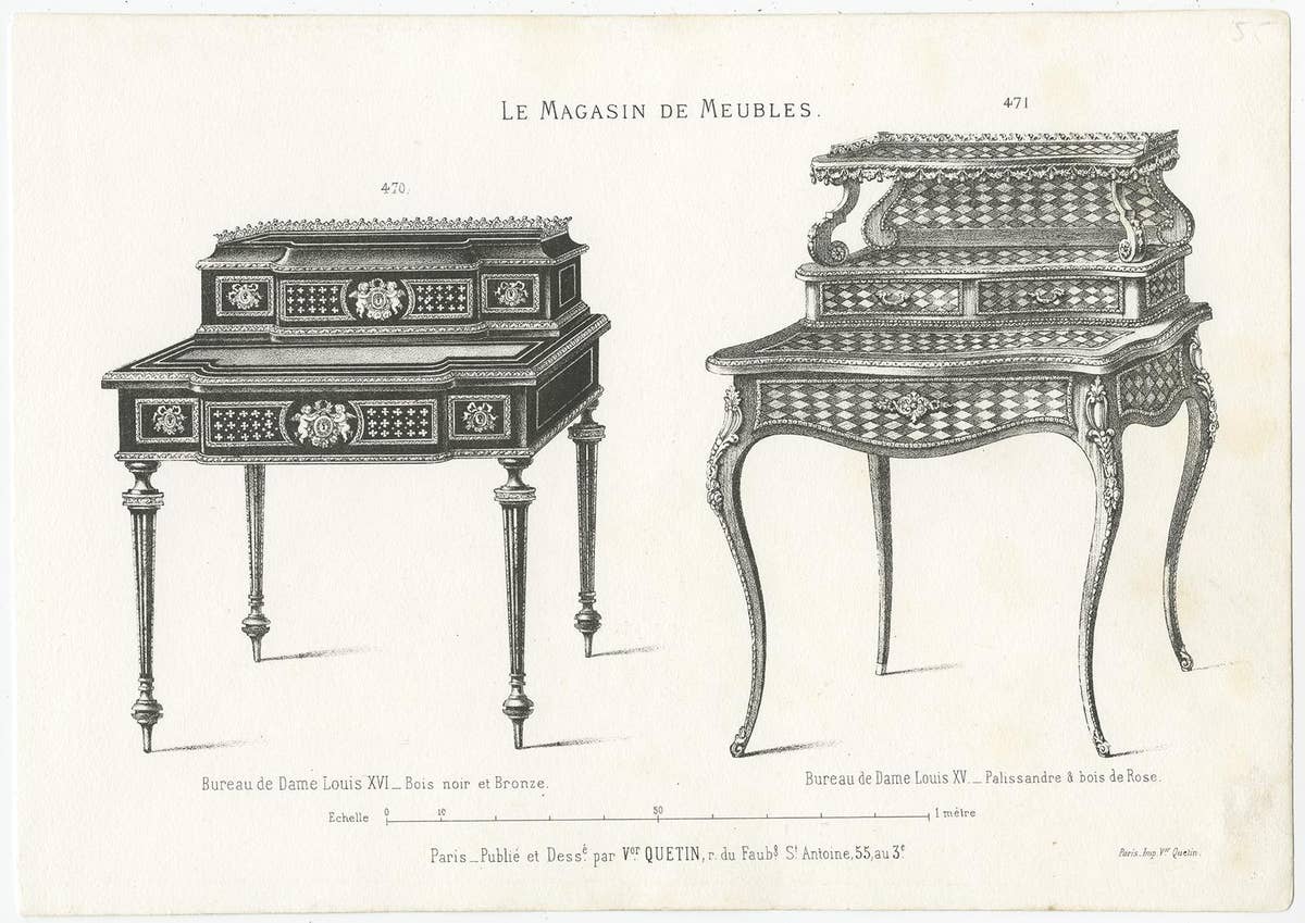 Set of 2 Antique Furniture Prints of Ladies Desks by Quetin, circa 1860