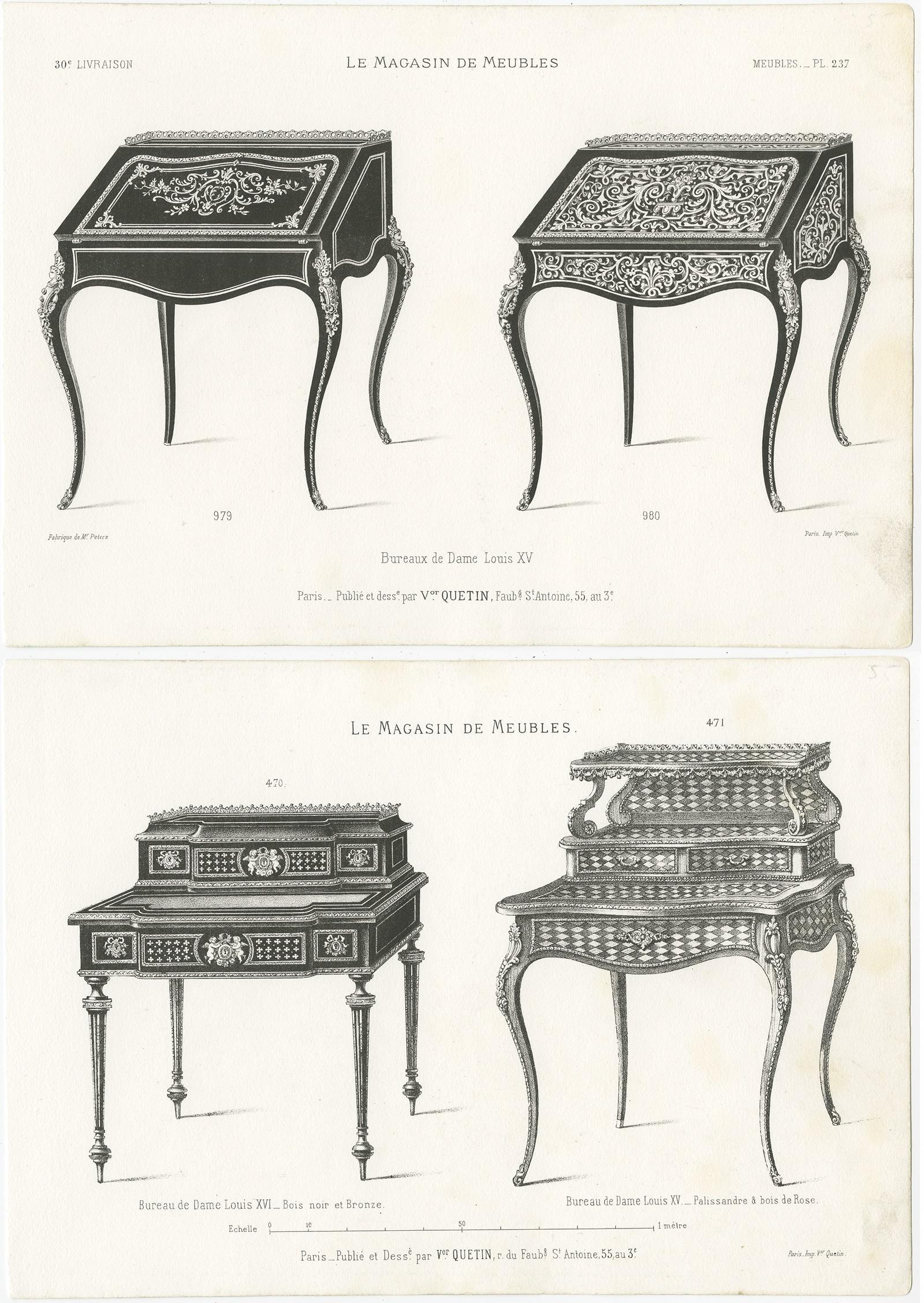 XIXe siècle Ensemble de 2 estampes de meubles anciens de bureaux pour femmes par Quetin, vers 1860 en vente