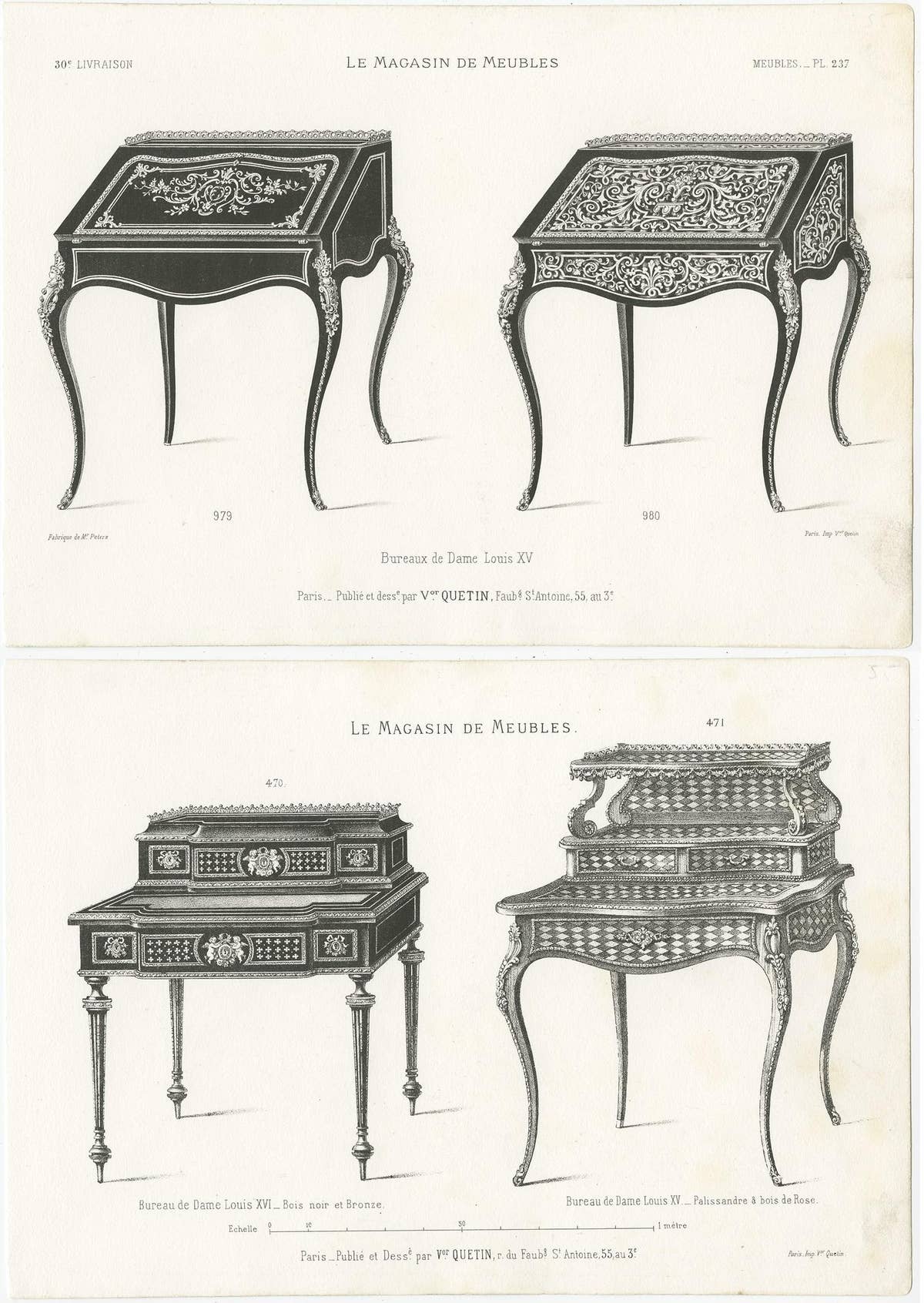 Set of 2 Antique Furniture Prints of Ladies Desks by Quetin, circa 1860