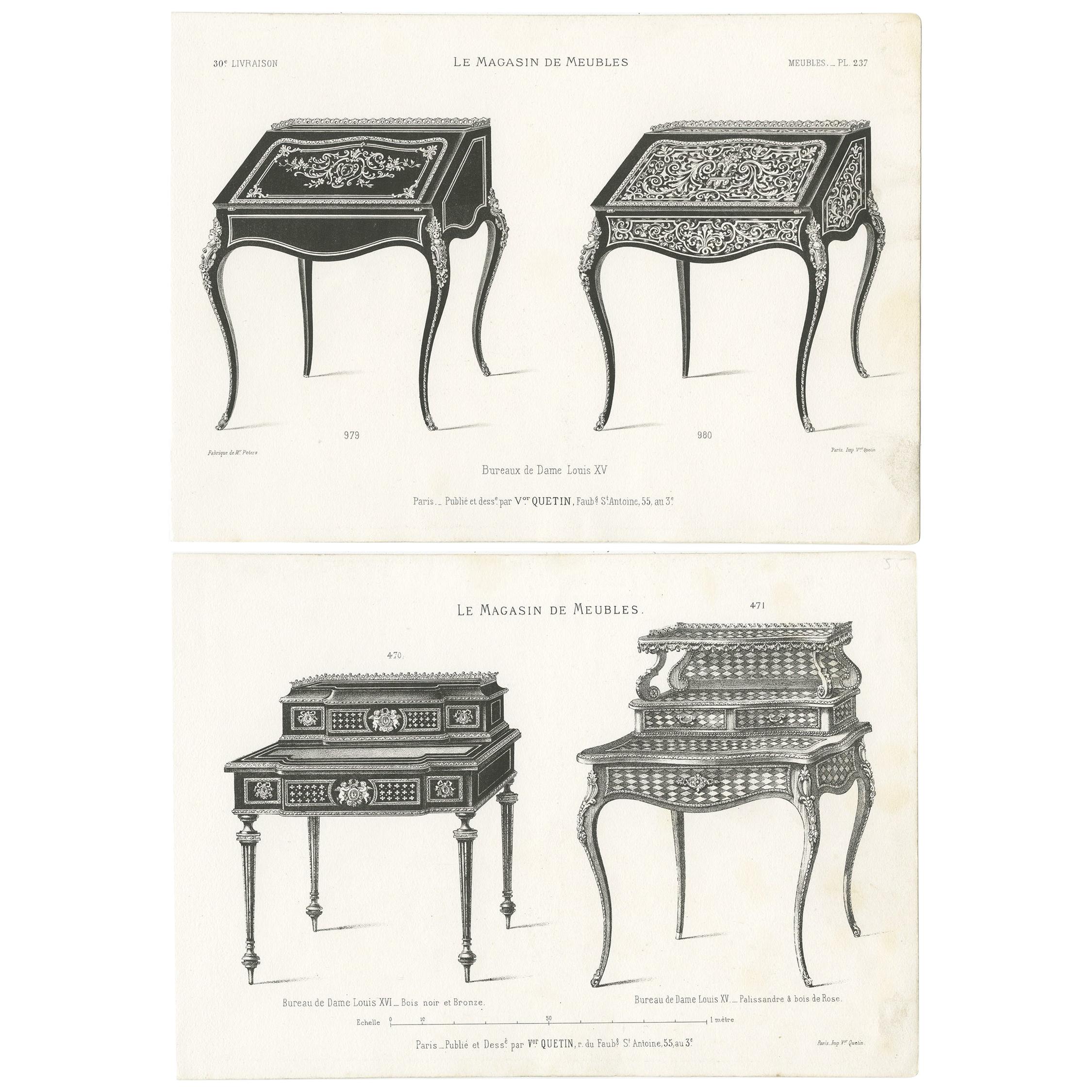 Ensemble de 2 estampes de meubles anciens de bureaux pour femmes par Quetin, vers 1860