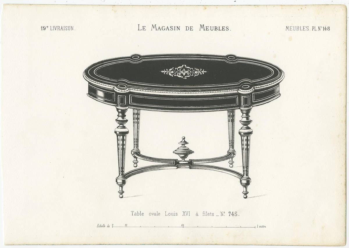 Set of 2 Antique Furniture Prints of Various Tables by Quetin, circa 1860