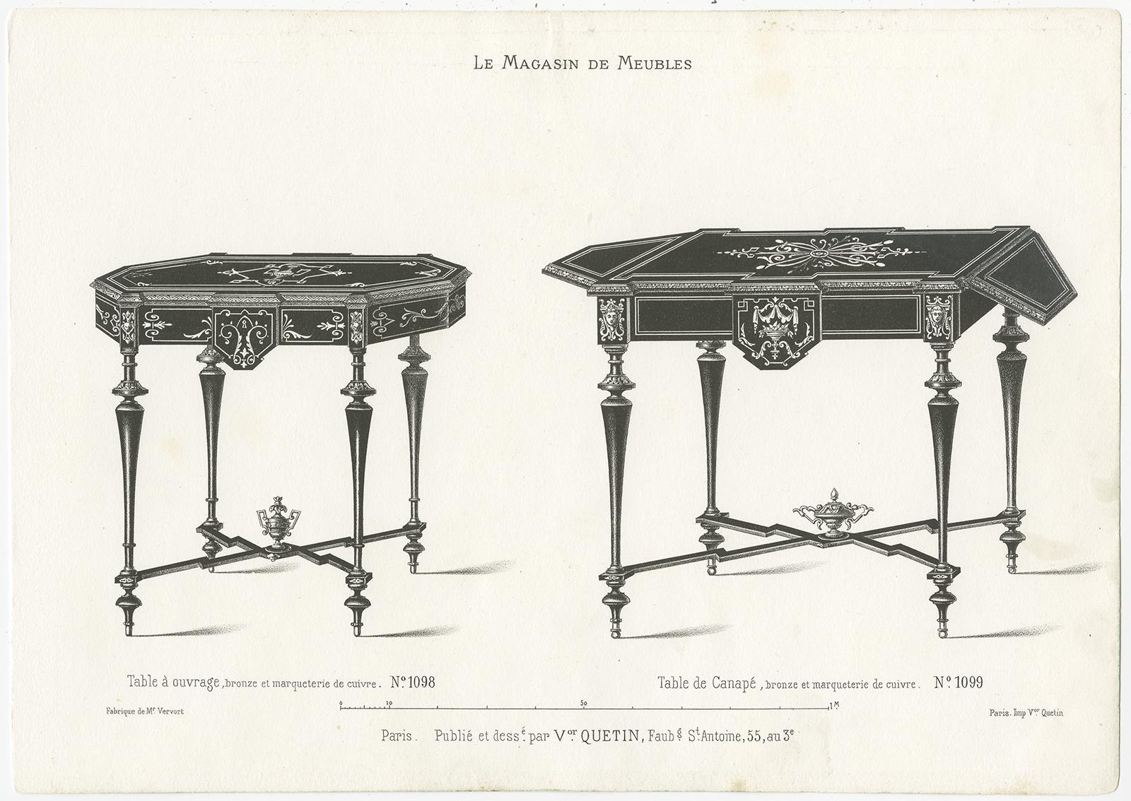 Ensemble de 2 estampes de meubles anciens de différentes tables par Quetin, vers 1860 Bon état - En vente à Langweer, NL