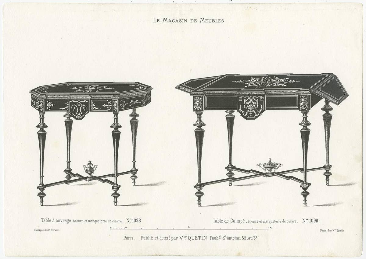 Set of 2 Antique Furniture Prints of Various Tables by Quetin, circa 1860