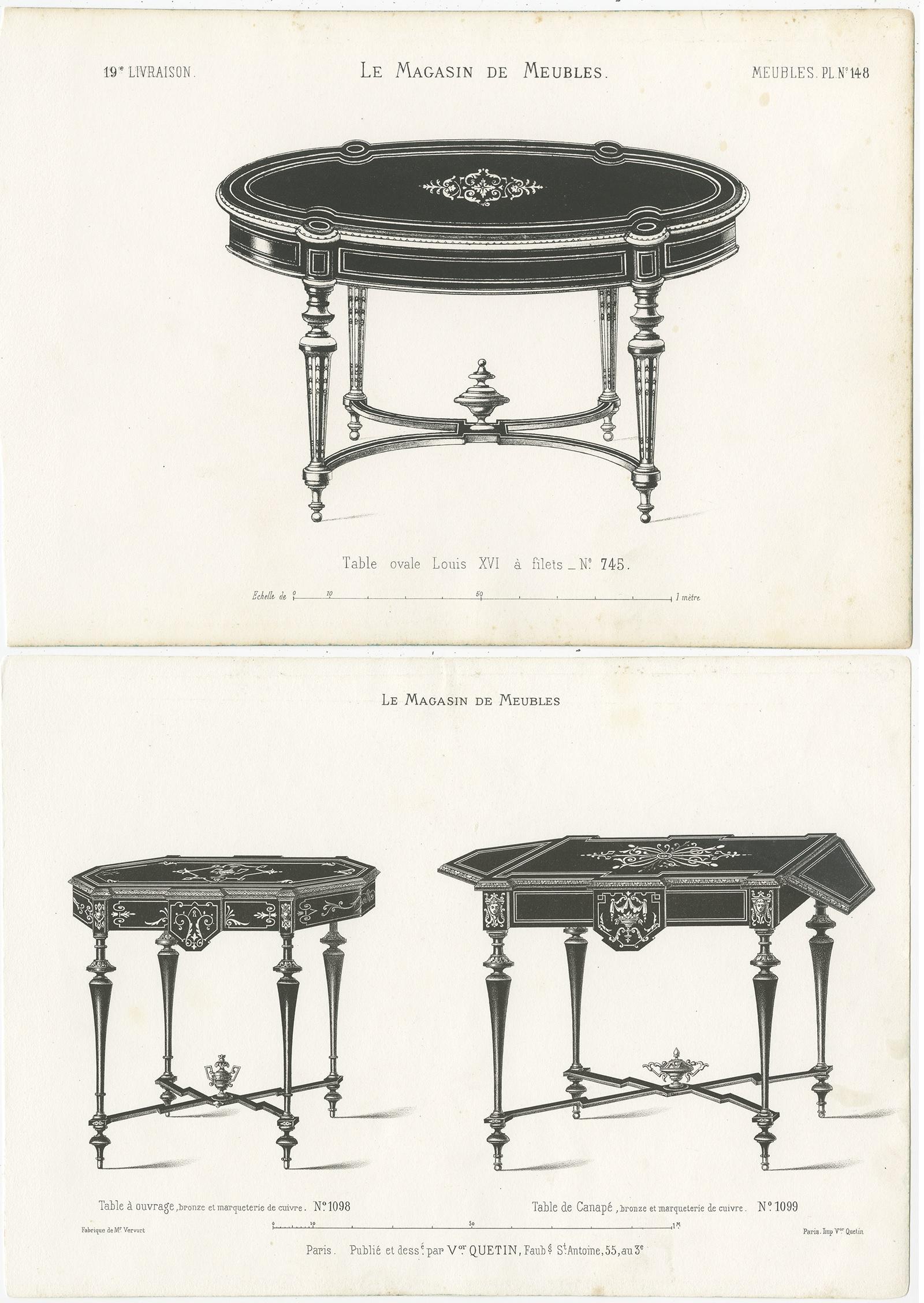 XIXe siècle Ensemble de 2 estampes de meubles anciens de différentes tables par Quetin, vers 1860 en vente