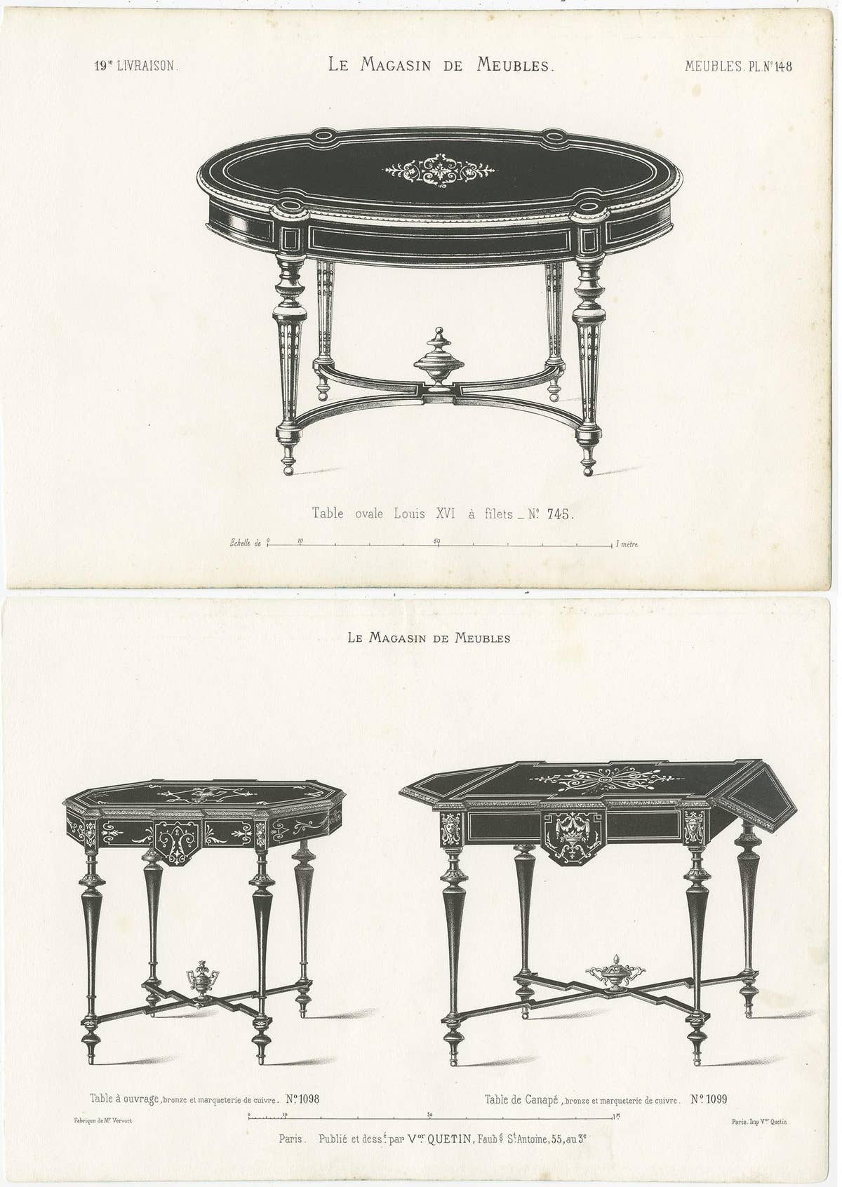 Set of 2 Antique Furniture Prints of Various Tables by Quetin, circa 1860