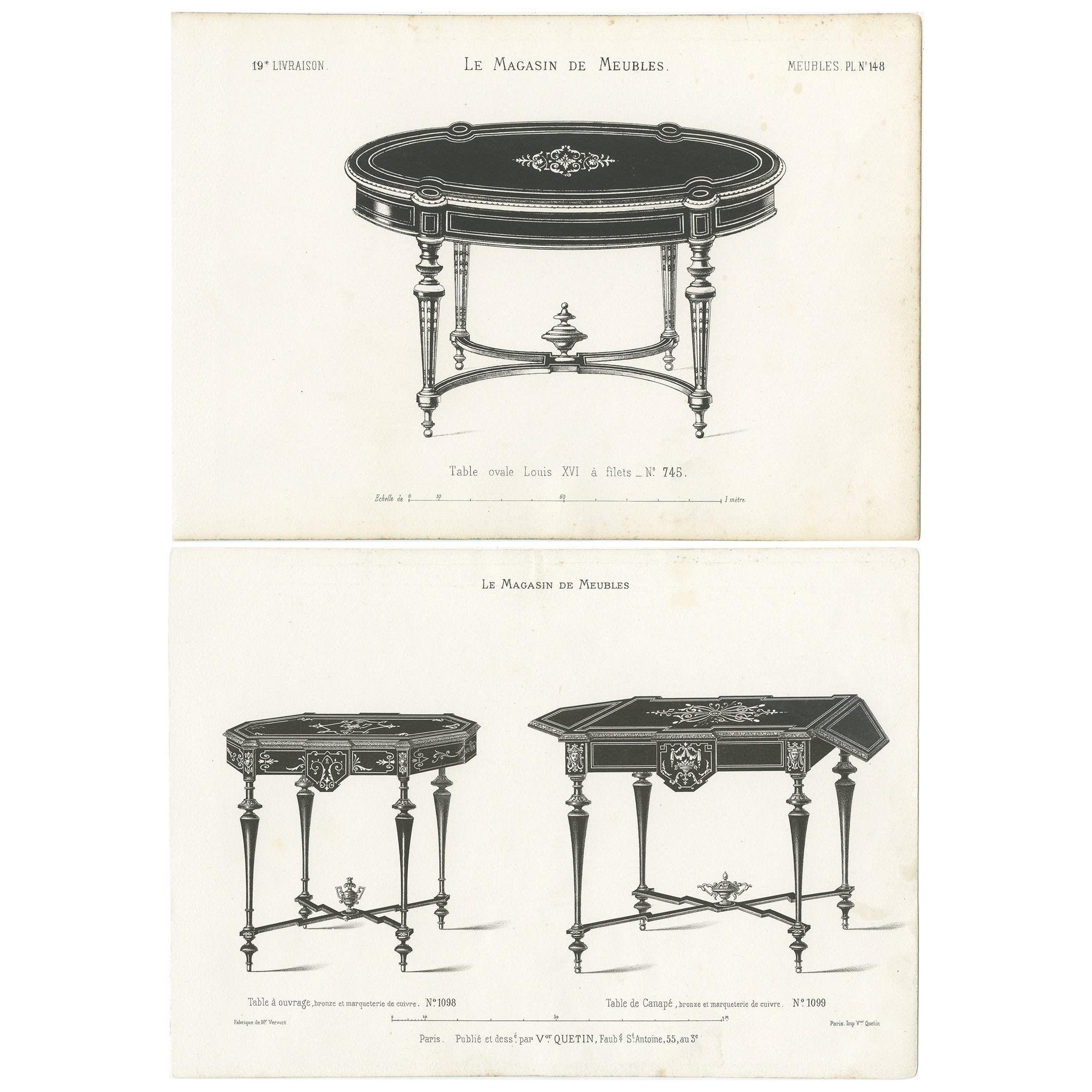 Ensemble de 2 estampes de meubles anciens de différentes tables par Quetin, vers 1860