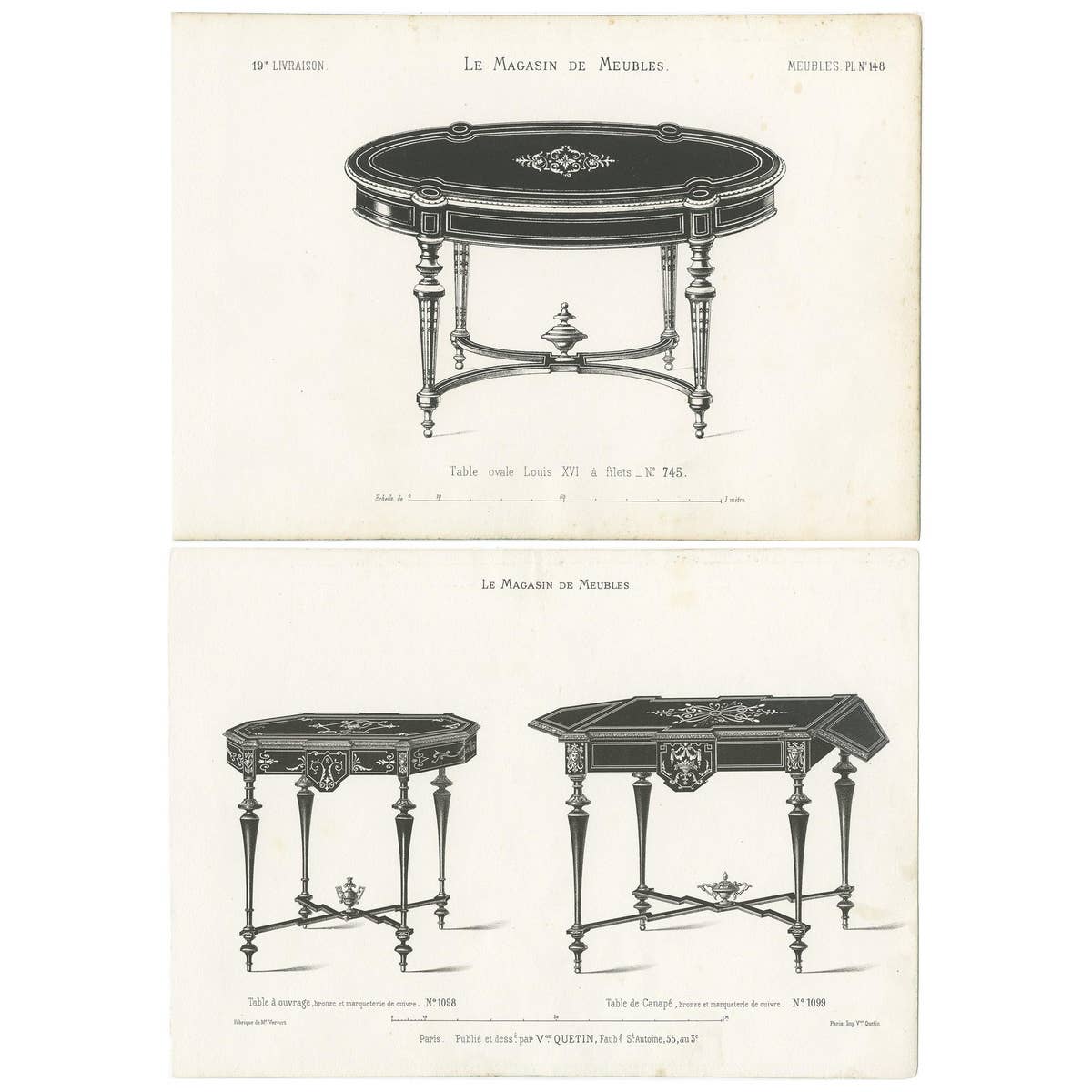 Set of 2 Antique Furniture Prints of Various Tables by Quetin, circa 1860