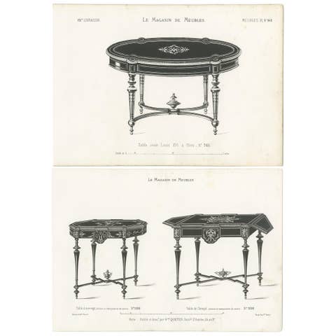 Set of 2 Antique Furniture Prints of Various Tables by Quetin, circa 1860