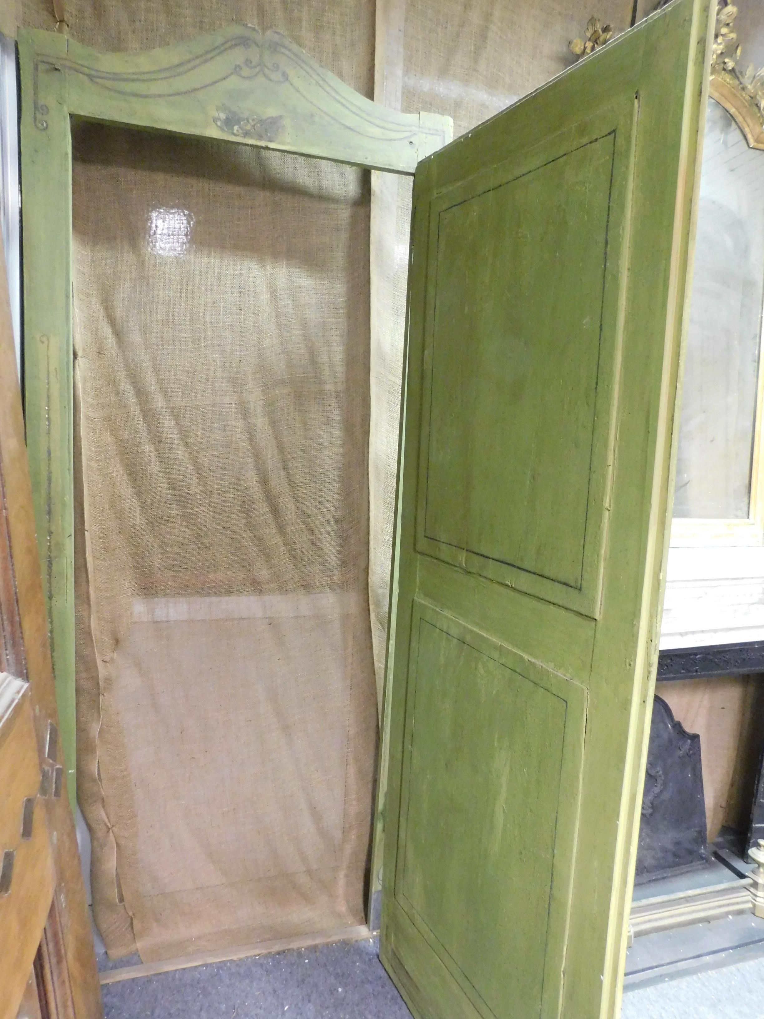 Wood Set of 2 Antique Green Painted Doors Complete with Frame, 18th Century, Italy For Sale