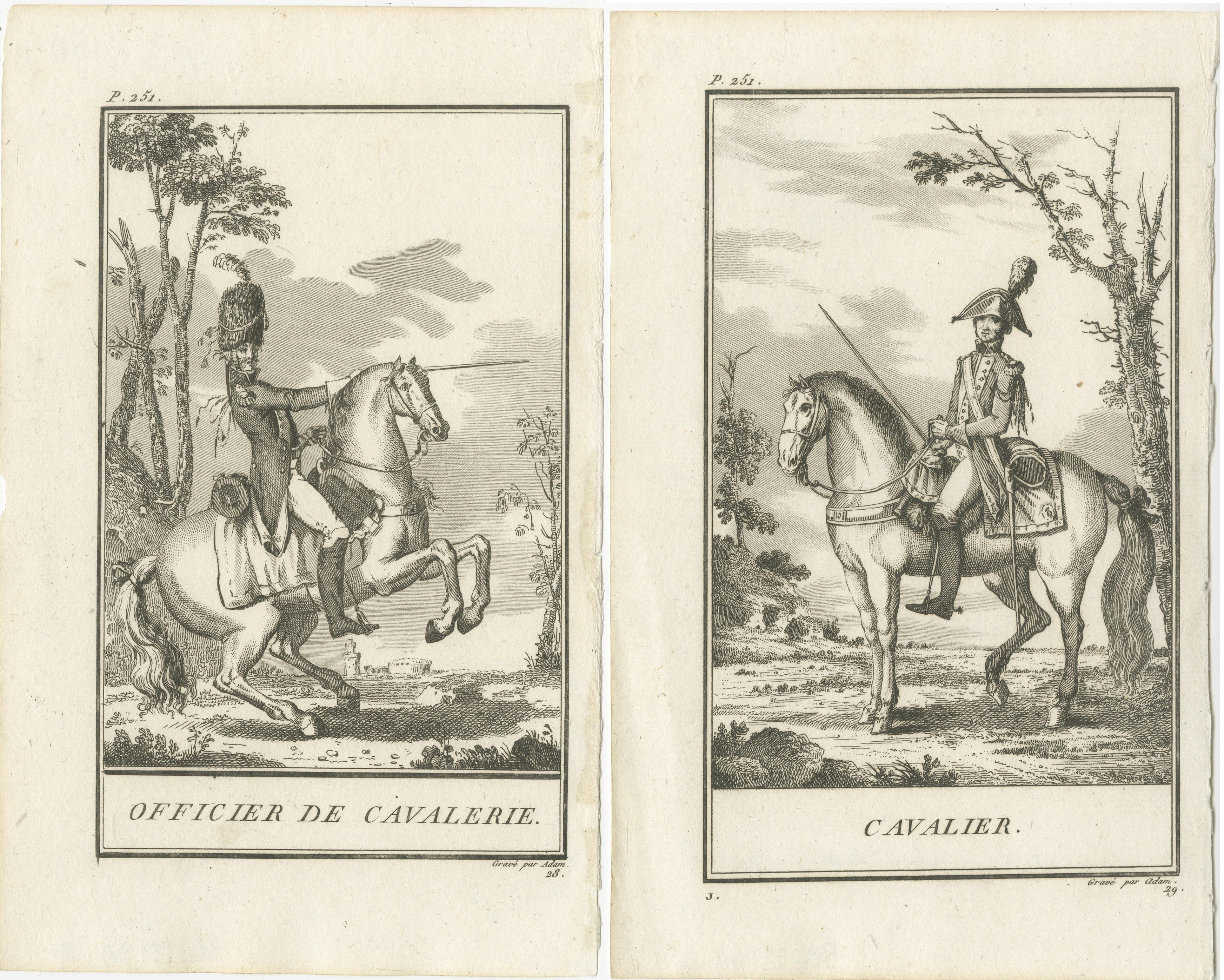 Set of two antique horse riding prints titled 'Officier de Cavalerie' and 'Cavalier'. The prints show a cavalry officer and a cavalry soldier. These prints originate from 'École de cavalerie, contenant la connoissance: l'instruction et la