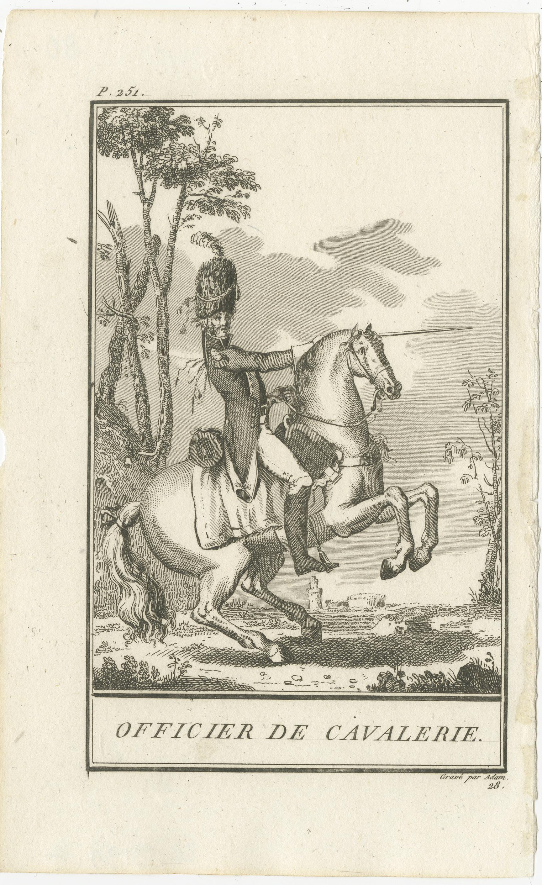 Ensemble de 2 estampes anciennes d'équitation de chevaux - officier de cavalerie - soldat de cavalerie Bon état - En vente à Langweer, NL