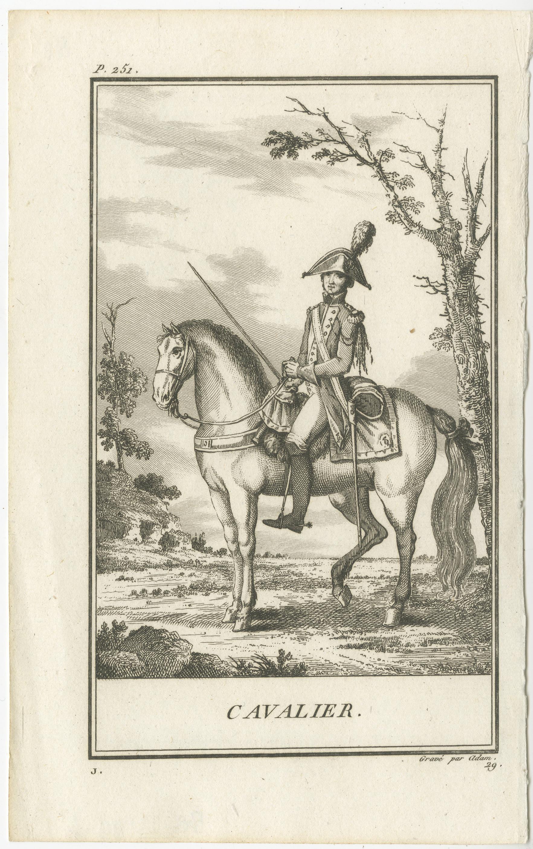 XIXe siècle Ensemble de 2 estampes anciennes d'équitation de chevaux - officier de cavalerie - soldat de cavalerie en vente