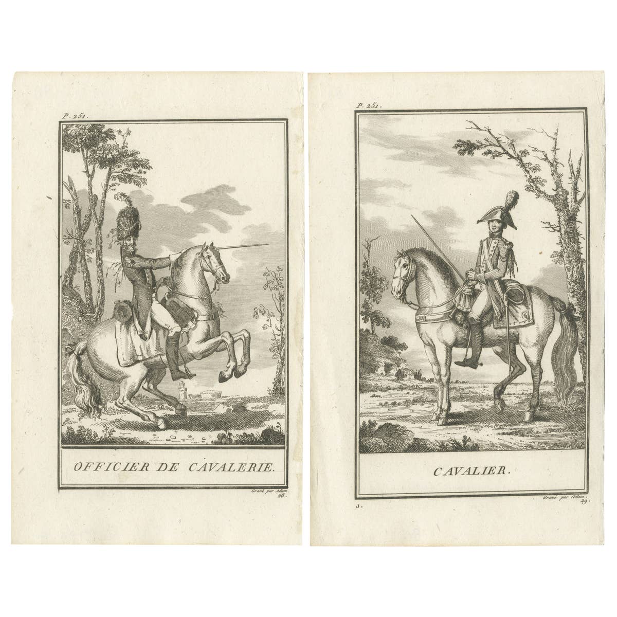 Set of 2 Antique Horse Riding Prints, Cavalry Officer, Cavalry Soldier