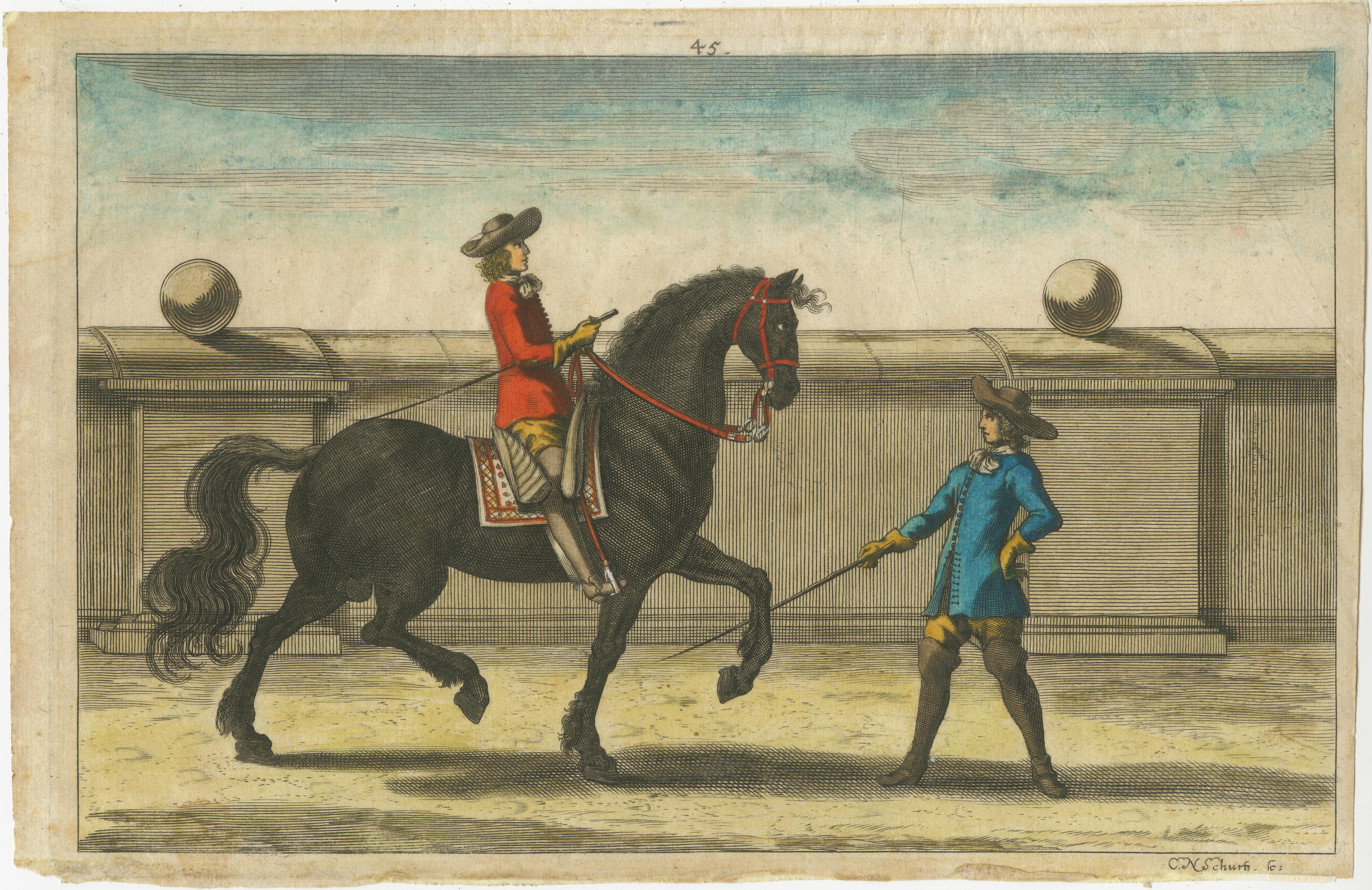 Ensemble de 2 gravures anciennes d'équitation État moyen - En vente à Langweer, NL