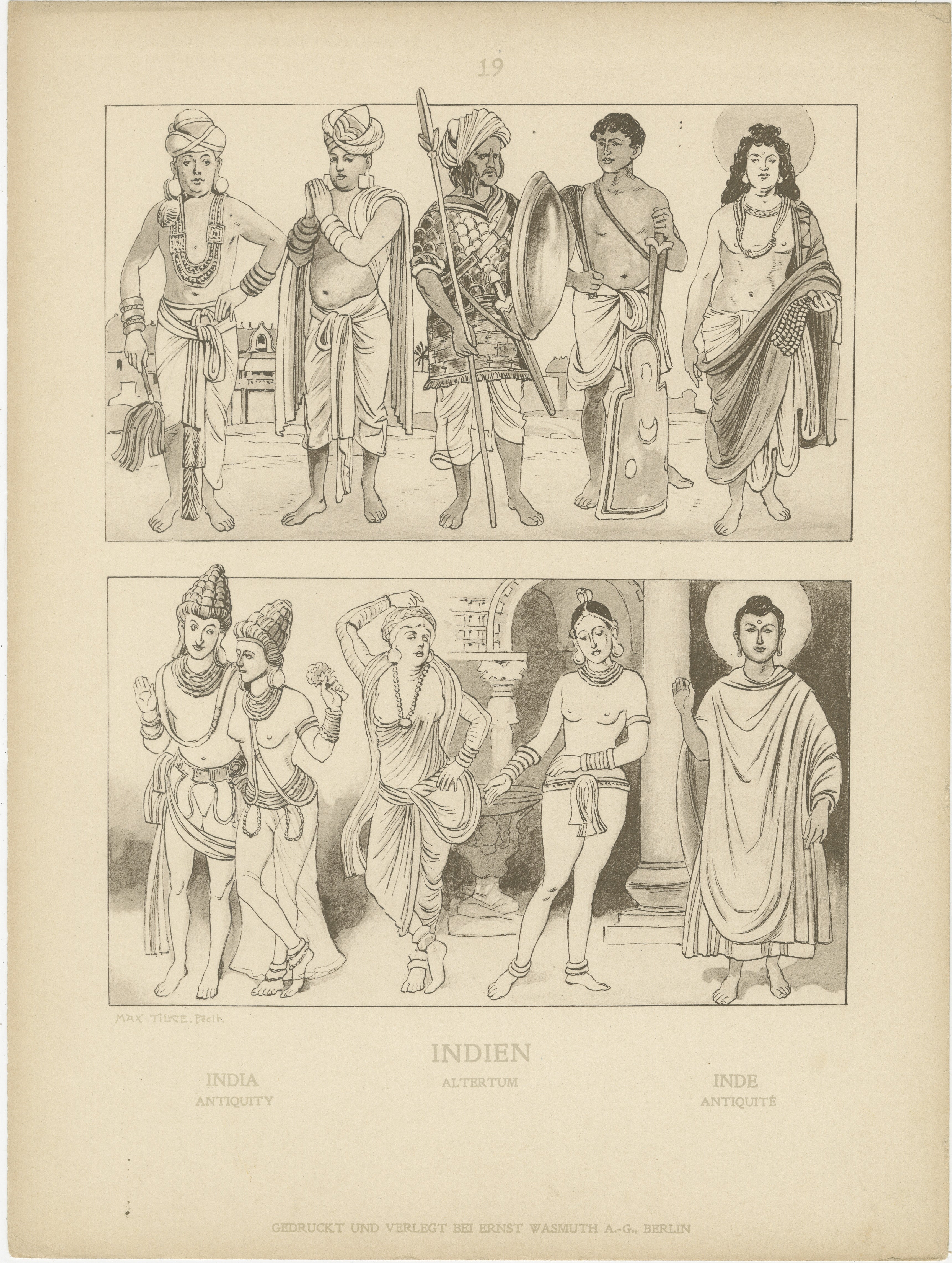 Satz von 2 antiken indischen Trachten- und Kulturtellern von Max Tilke, um 1900

Dieses Set aus zwei antiken Tafeln bietet eine detailreiche Darstellung der Kleidung, der Symbole und des kulturellen Lebens im alten Indien. Die von Max Tilke