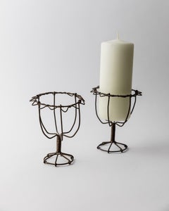 Set of 2 Antique Iron Wire Candleholder Hand Bent with Woven Metal Design, 1850s