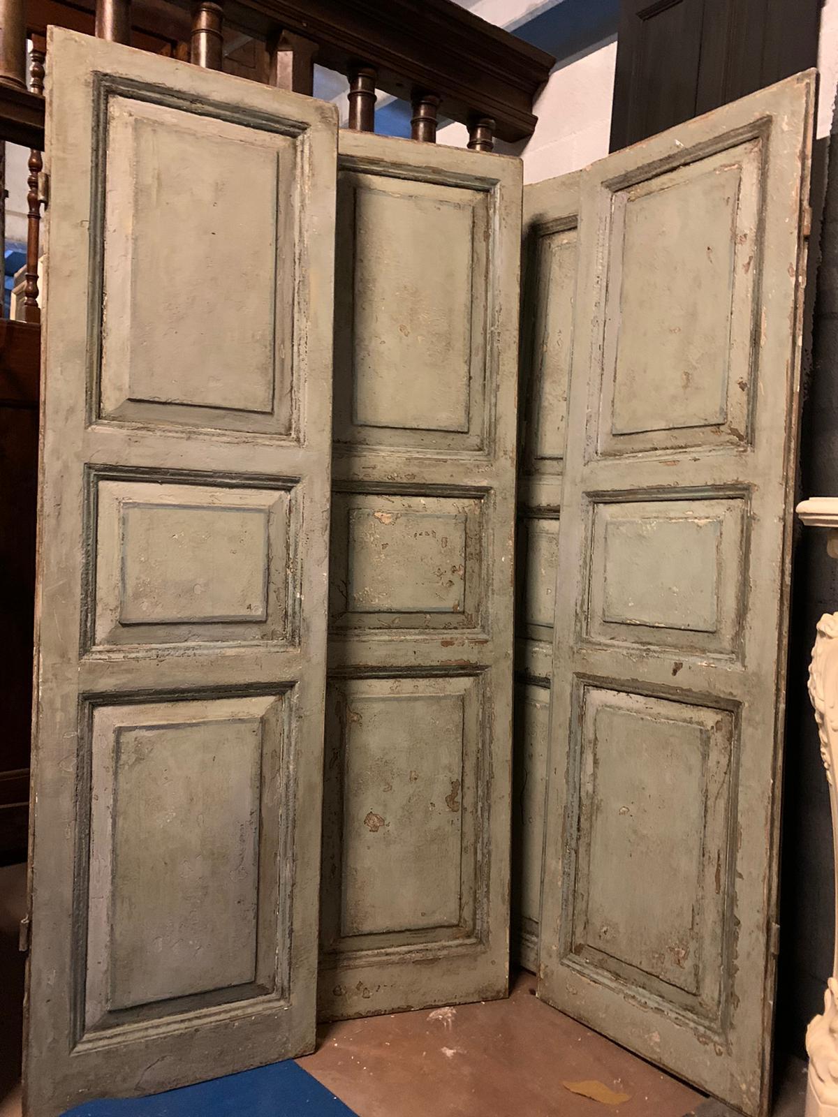 Set of 2 antique lacquered double-leaf doors, total of 4 doors that can be used as 2-by-2 doors, hand-lacquered and patinated by time, powder blue color, hand-built in the early 19th century for home in Italy, back also finished and lacquered, they