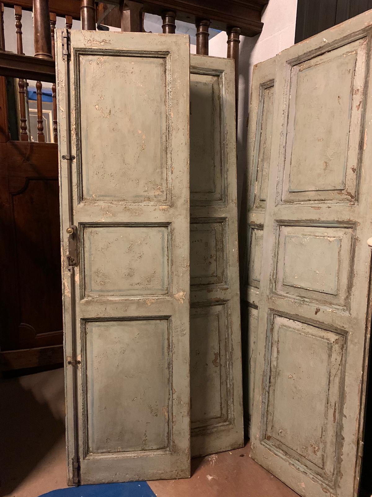 Italian Set of 2 Antique Lacquered Double-Leaf Doors, Powder Blue, 19th Century Italy For Sale