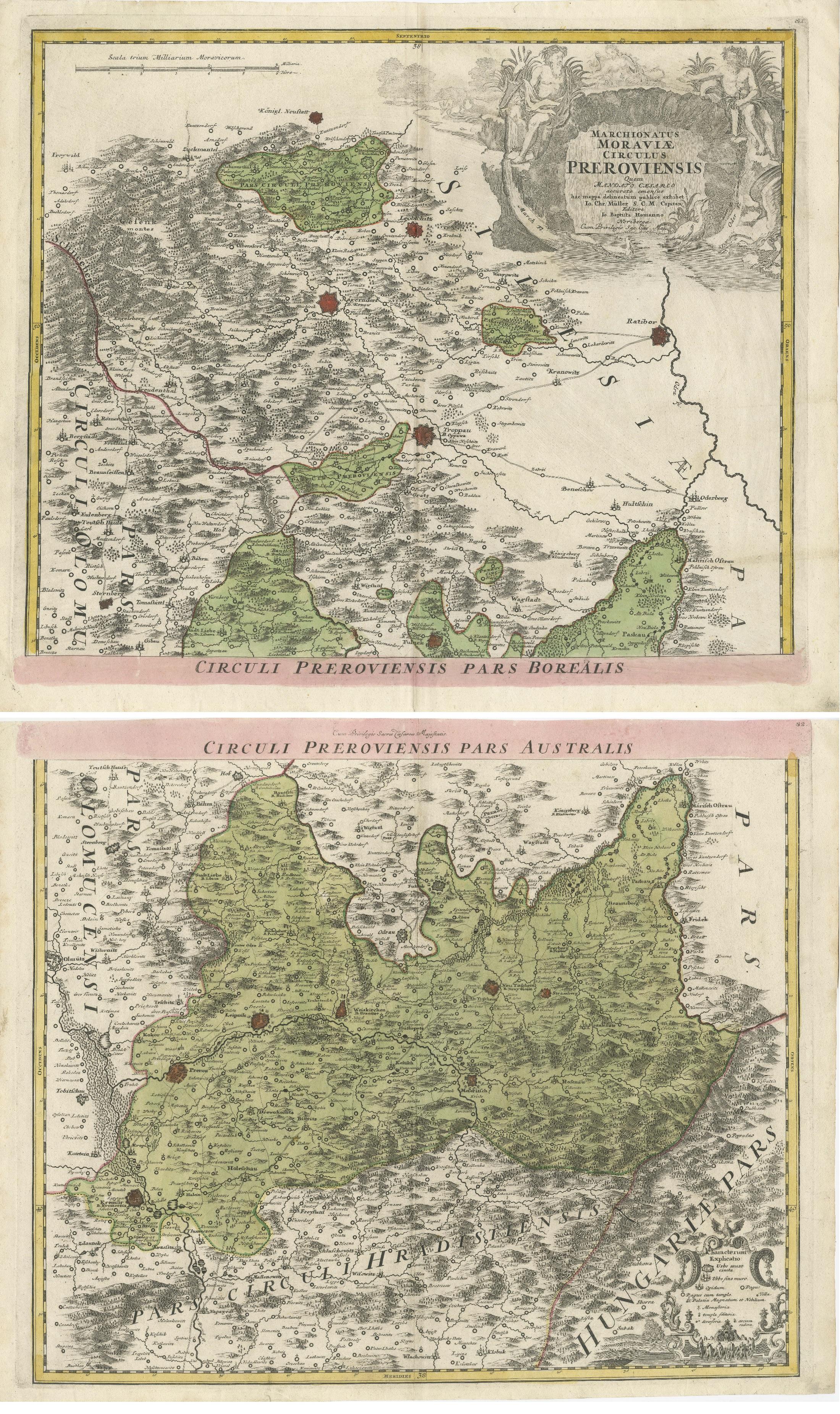 Set of two antique maps titled 'Marchionatus Moraviae circulus Preroviensis'. Two individual sheets covering part of modern-day Czech Republic. Cities included are Opava, Fulnek, Lipnik (Leipnik), Přerov (Prerau) and many more. Published by Johann