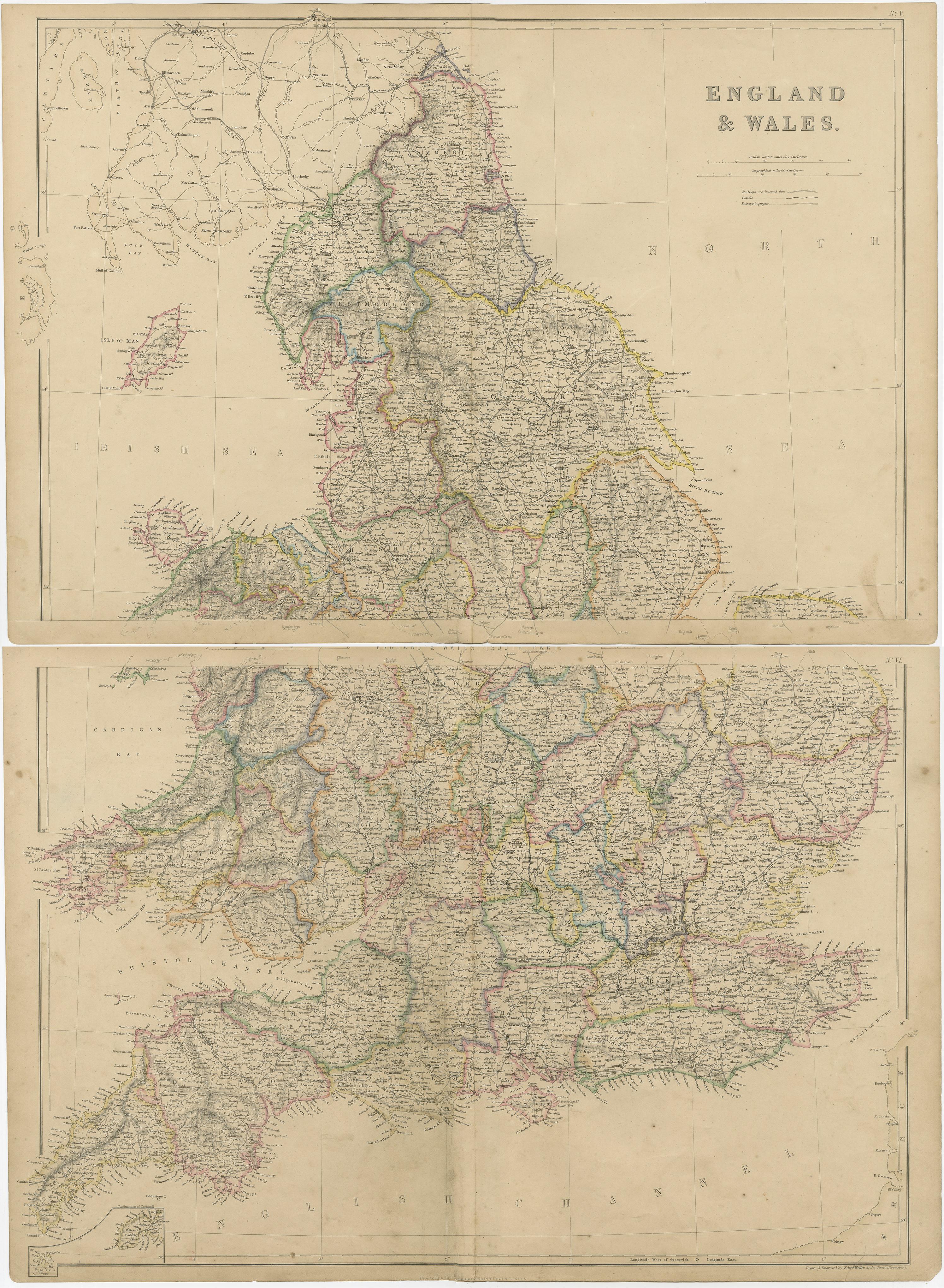 Papier Cartes d'époque de 1859 de Wales and Wales : Détail géographique impérial de Blackie en vente