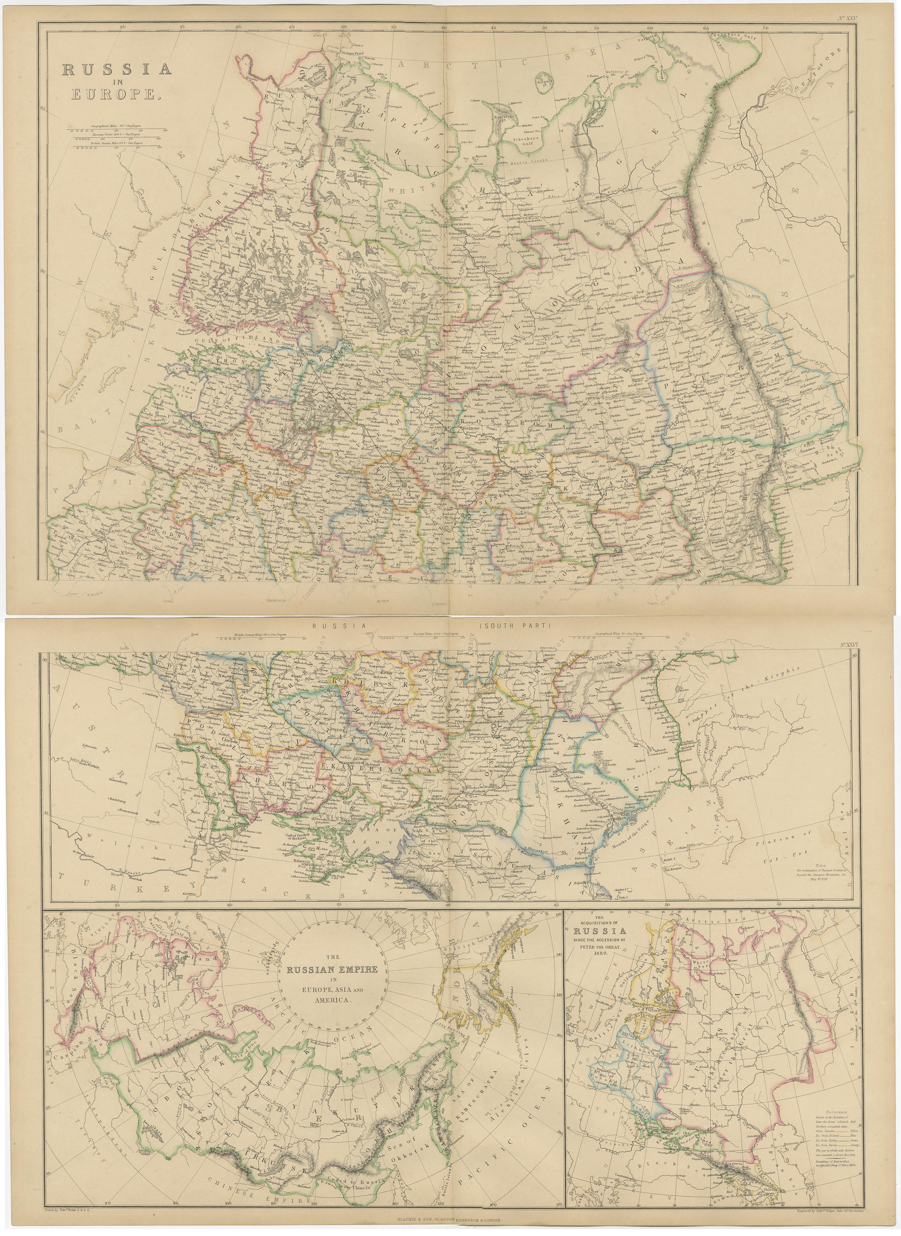 Papier Ensemble de 2 cartes anciennes de Russie en Europe par W. G. Blackie, 1859 en vente