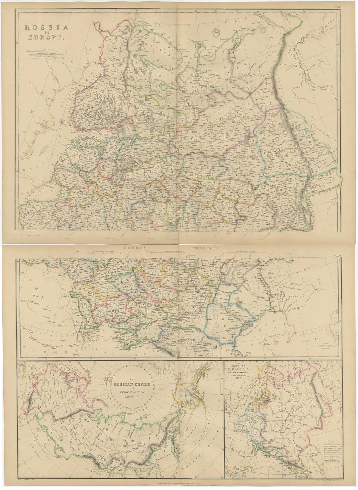 Set of 2 Antique Maps of Russia in Europe by W. G. Blackie, 1859