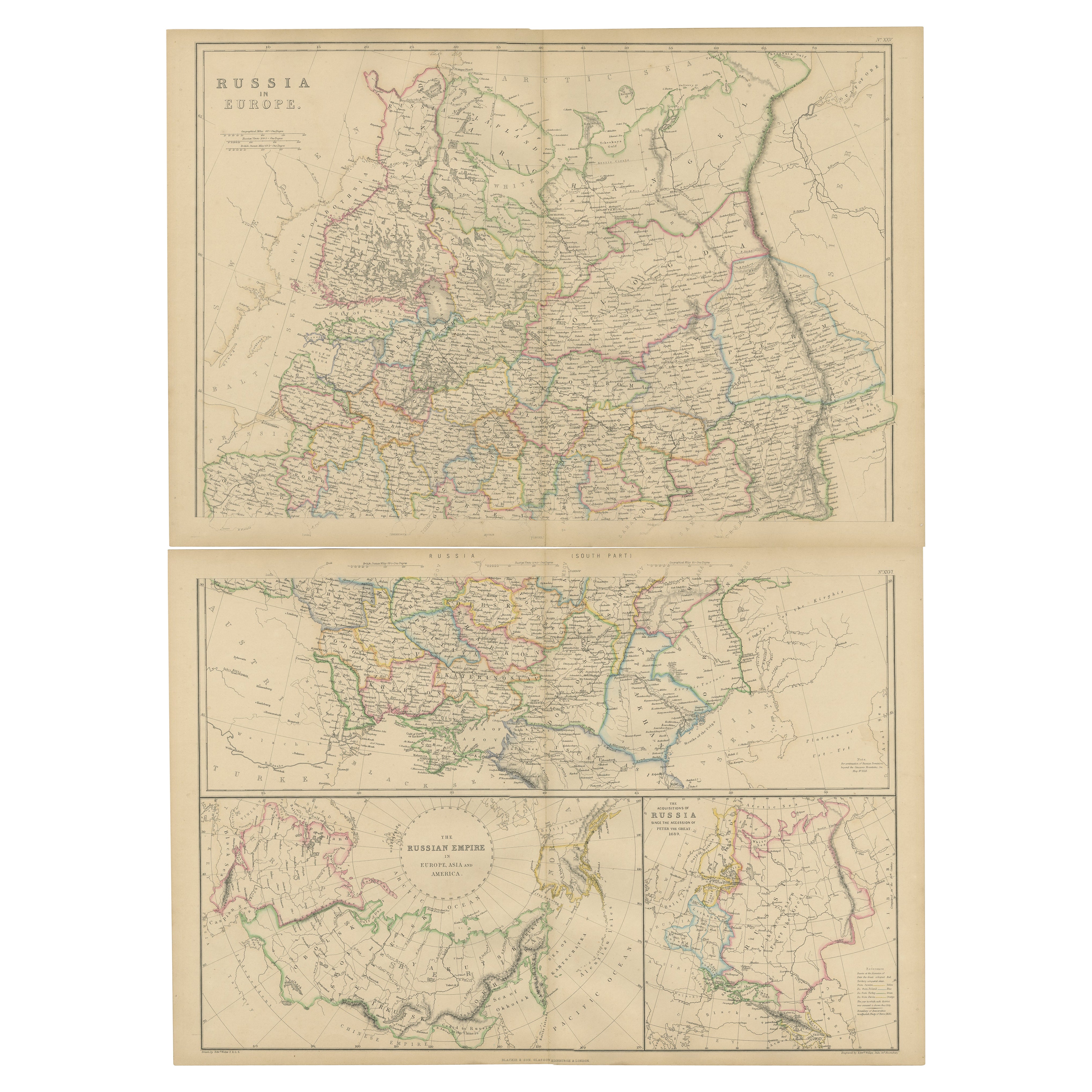 Ensemble de 2 cartes anciennes de Russie en Europe par W. G. Blackie, 1859