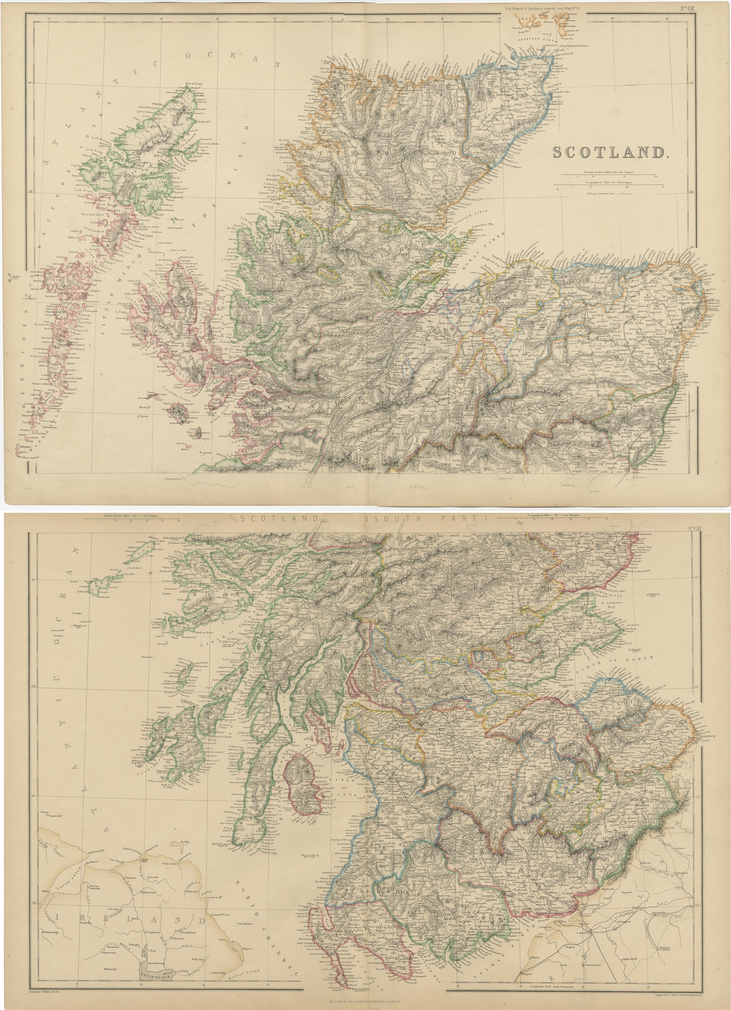 Antique map titled 'Scotland'. Original antique map of Scotland. This map originates from ‘The Imperial Atlas of Modern Geography’. Published by W. G. Blackie, 1859.