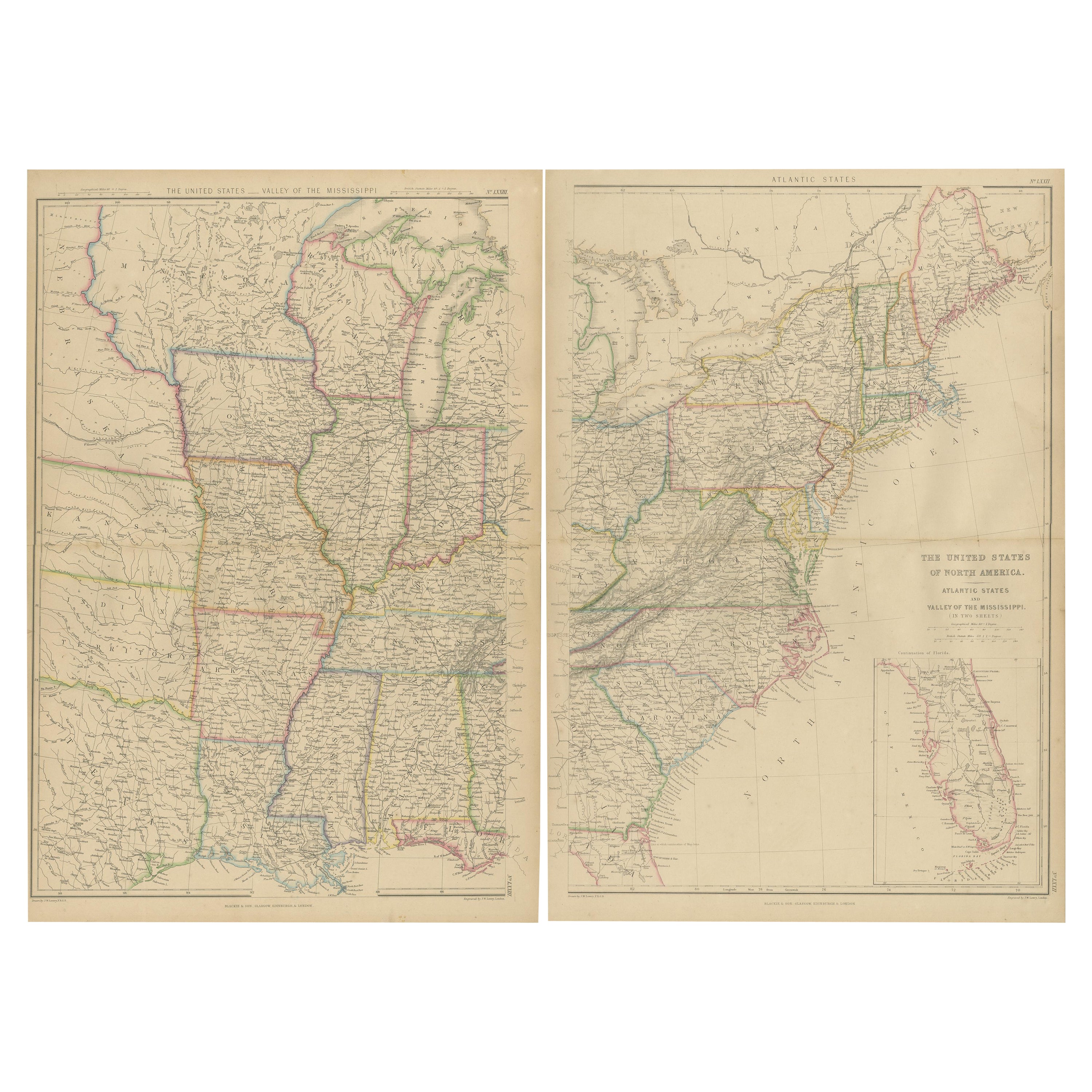 Ensemble de 2 cartes anciennes des États-Unis par W. G. Blackie, 1859