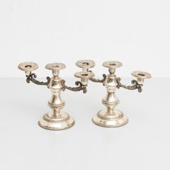 Set of 2 Antique Metal Candle Holders, Spanish Manufacture, Circa 1950