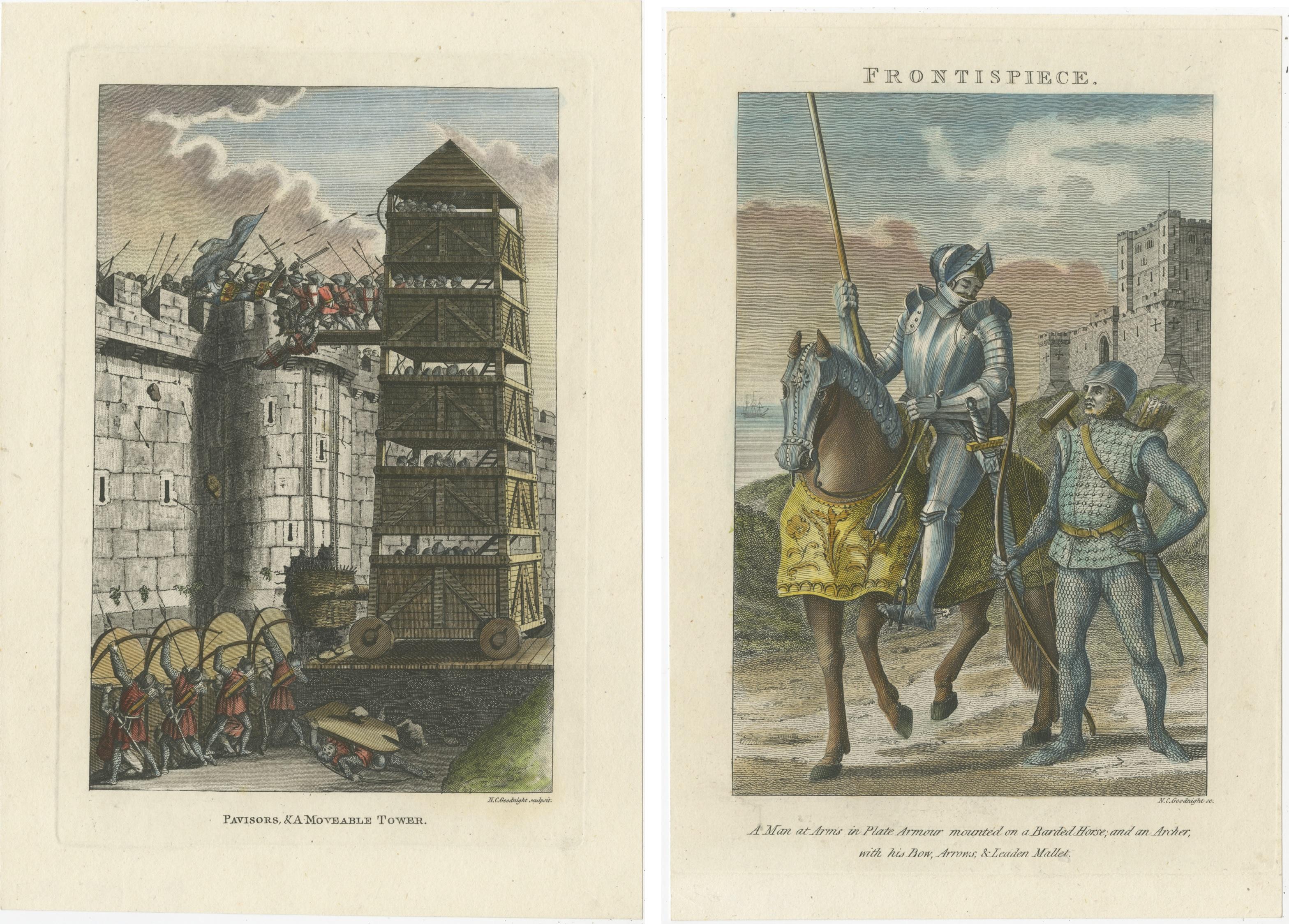Set of two antique prints titled 'Pavisors, a Moveable Tower - A Man at Arms in Plate Armour (..)'. The first print shows a moveable tower, the second print shows a man at arms and an archer. These prints originate from 'Military Antiquities: