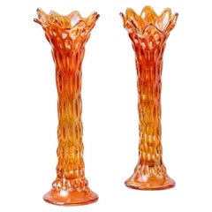 Set of 2 Antique Orange Marigold Carnival Glass Flower Vases Italy, 1930s