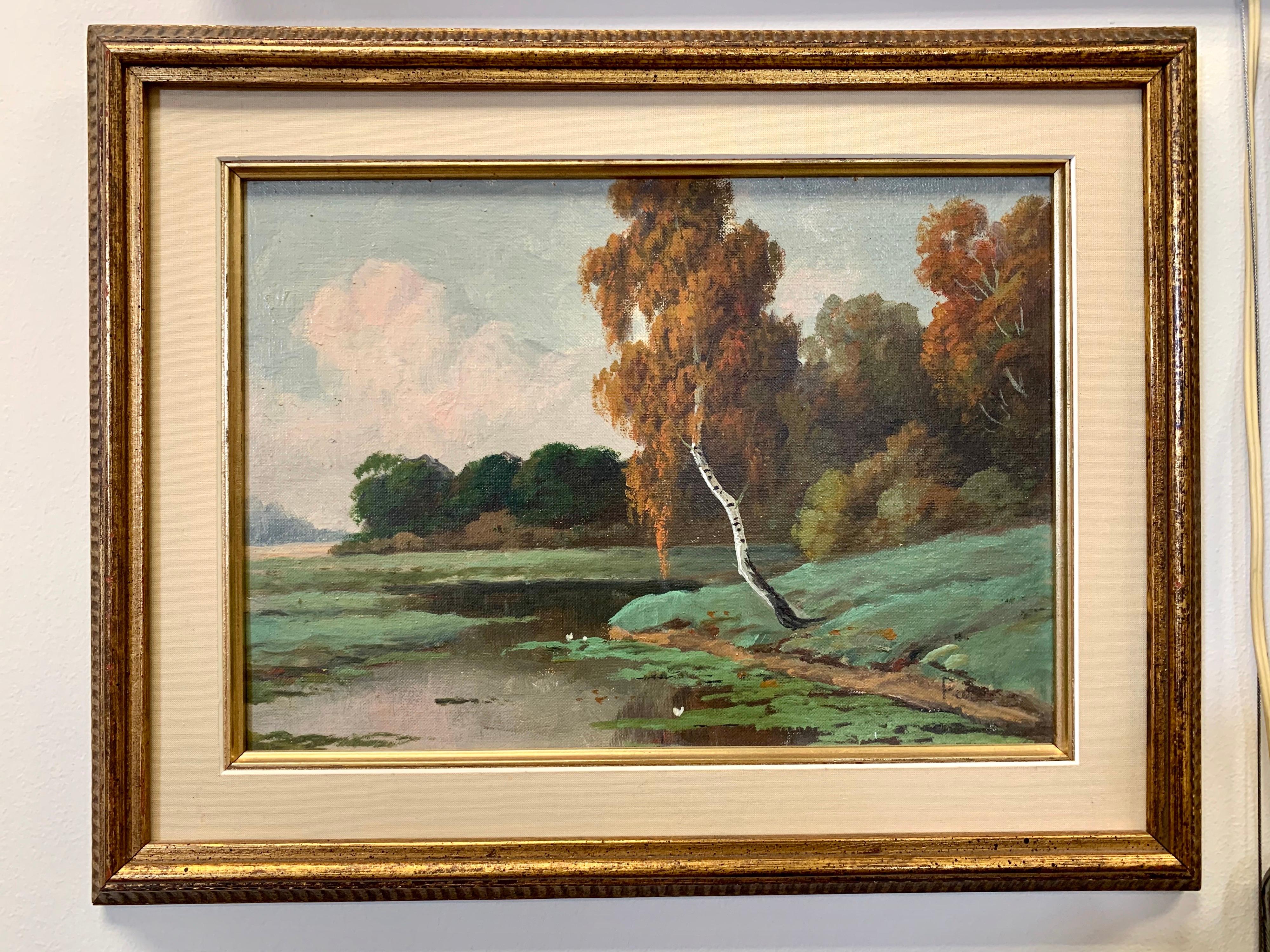 Two original oil paintings with matching frames depicting trees in a landscape. Signed “Pease”. Displayed and matted in a giltwood frame.