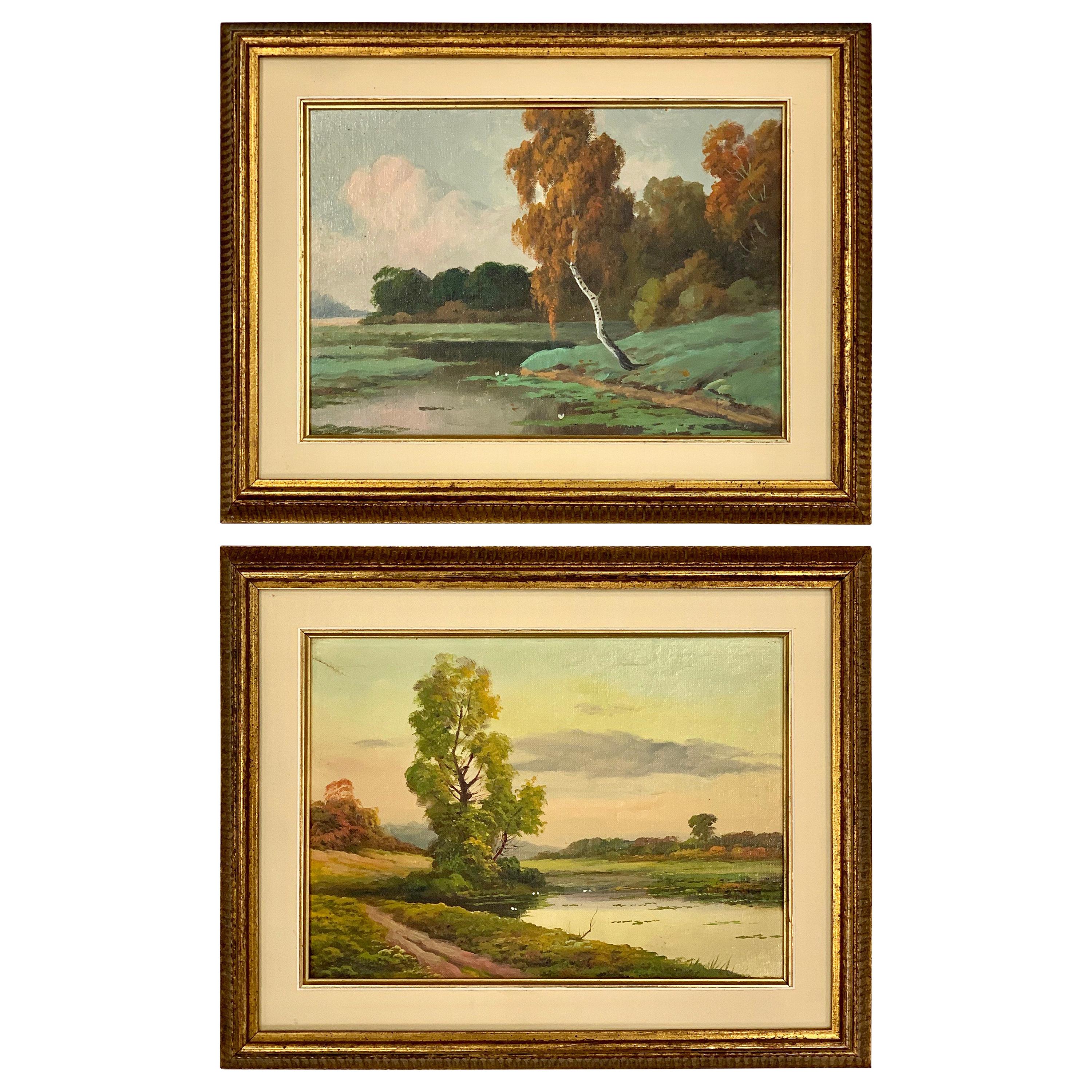 Antique Signed Original Landscape Painting Depicting an Open Field and