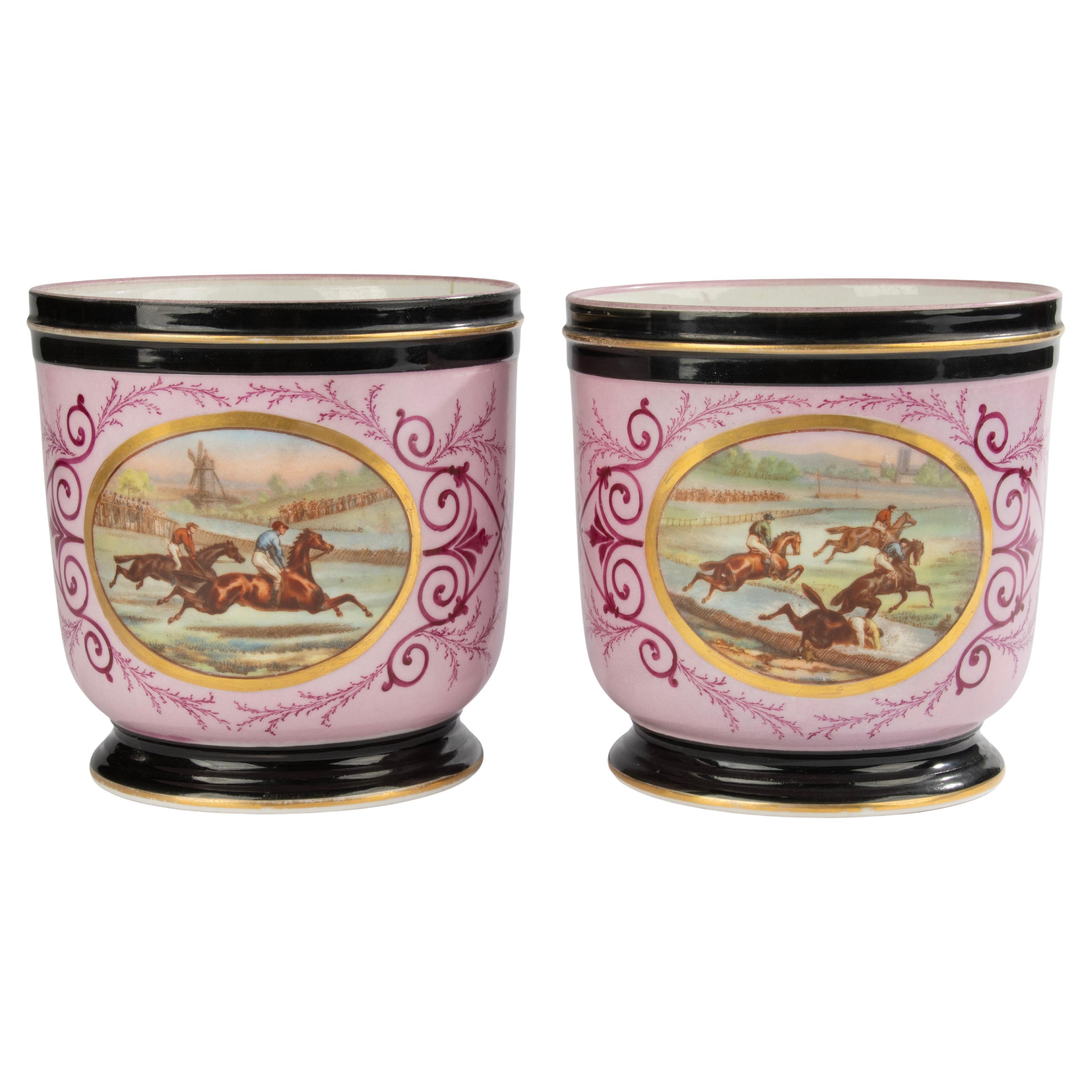 Set of 2 Antique Porcelain Cachepots - circa 1890 - Vieux Bruxelles
