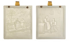 Set of 2 Antique Porcelain Lithophane Panels - Romantic Scenes