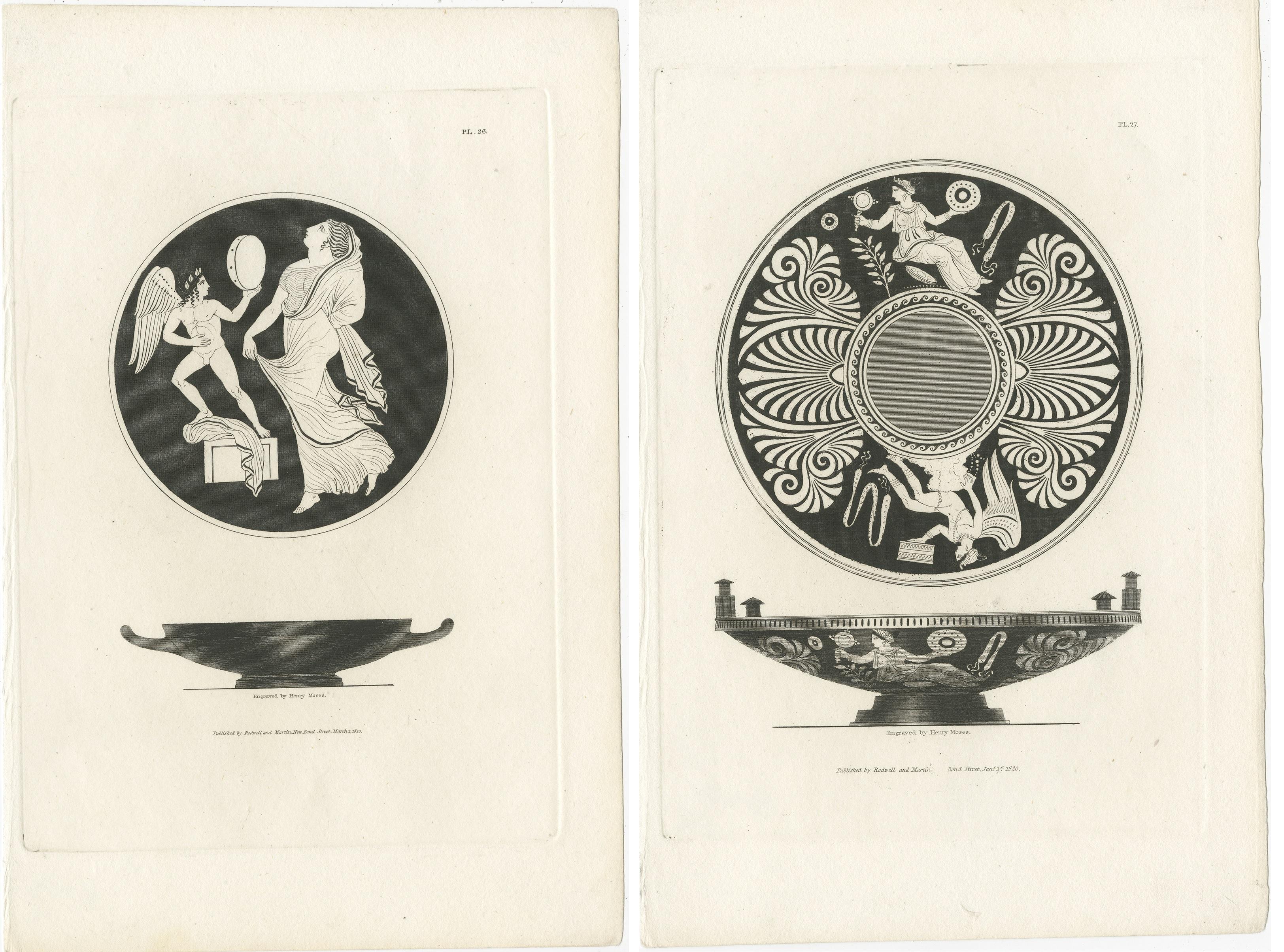 19th Century Set of 2 Antique Prints Depicting the Design of Vases/Plates by Moses, 1820 For Sale
