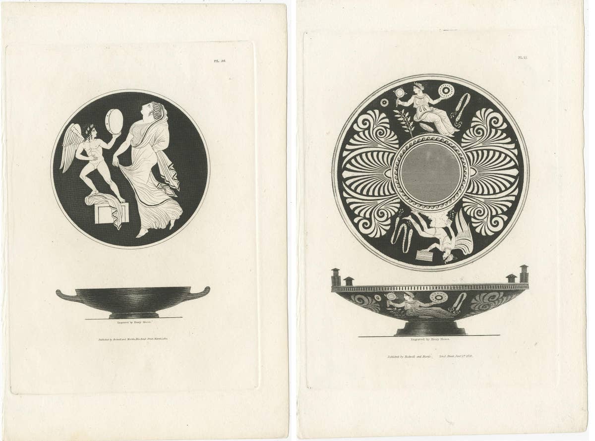 Set of 2 Antique Prints Depicting the Design of Vases/Plates by Moses, 1820