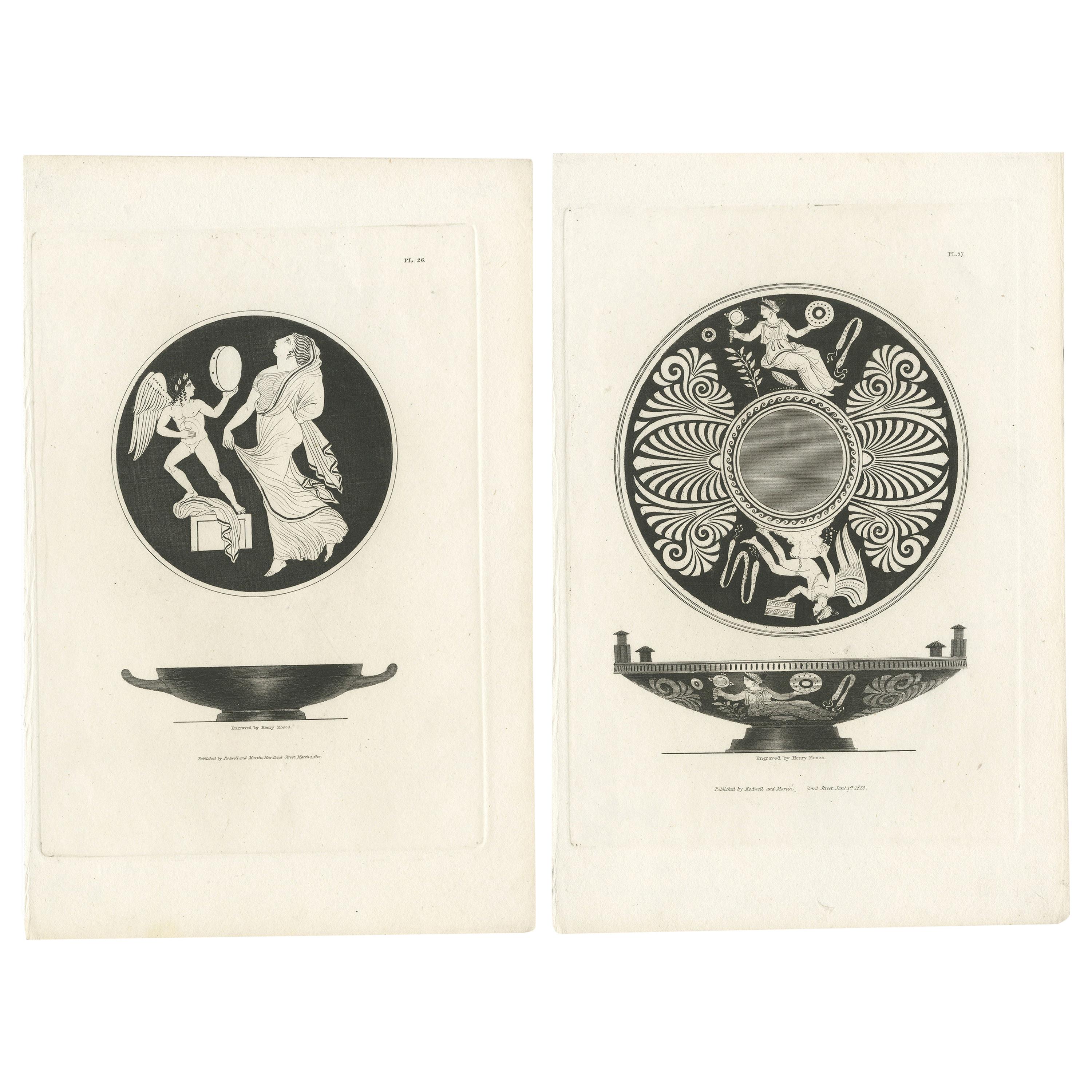 Ensemble de 2 estampes anciennes représentant le design de vases et d'assiettes de Moïse, 1820