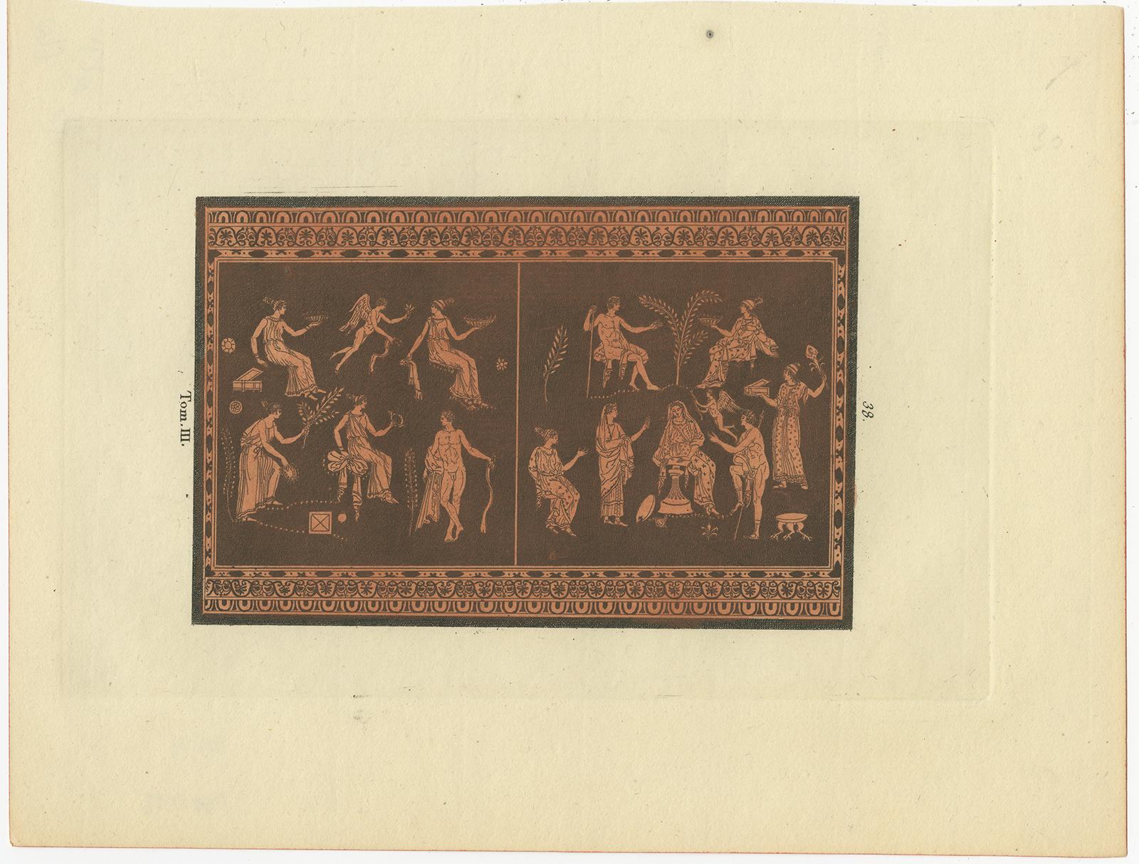 Set of two antique prints depicting various figures and scenes. Most likely, these antique prints show the design of vases. Source unknown, to be determined.
