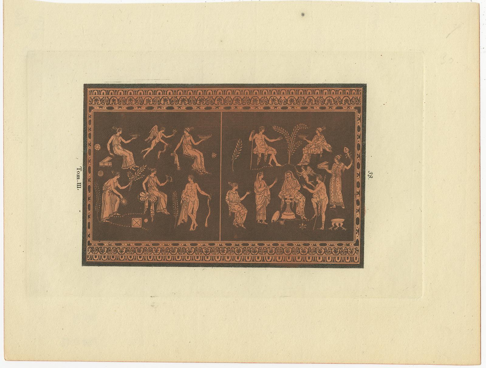 Ensemble de deux gravures anciennes représentant diverses figures et scènes. Il est fort probable que ces gravures anciennes montrent le design de vases. Source inconnue, à déterminer.