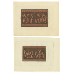 Conjunto de 2 grabados antiguos que representan diversas figuras y escenas, hacia 1840